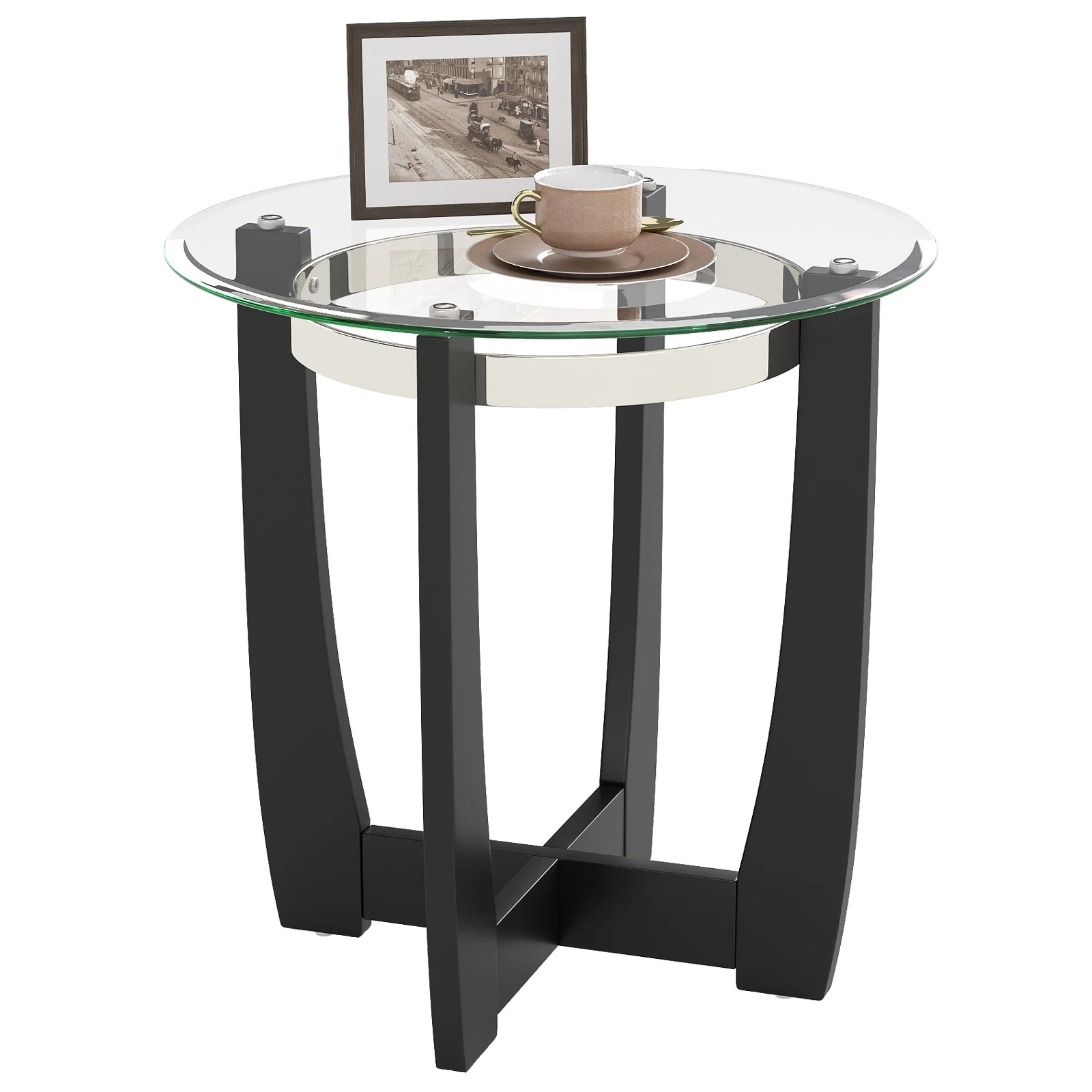 24 Inches Round Side Table with Tempered Glass Top and Solid Rubber Wood Base, Black - Image 4