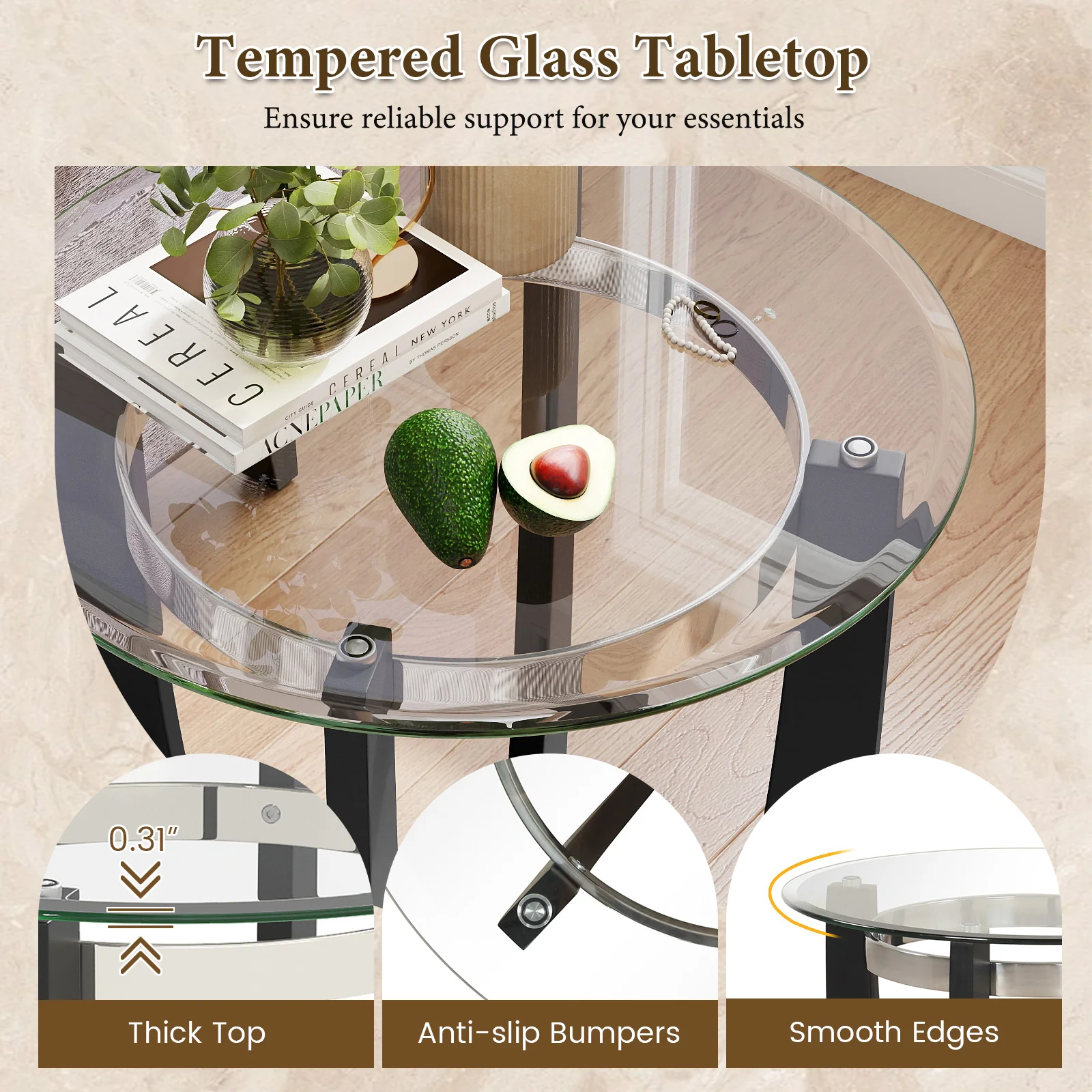 24 Inches Round Side Table with Tempered Glass Top and Solid Rubber Wood Base, Black - Image 7