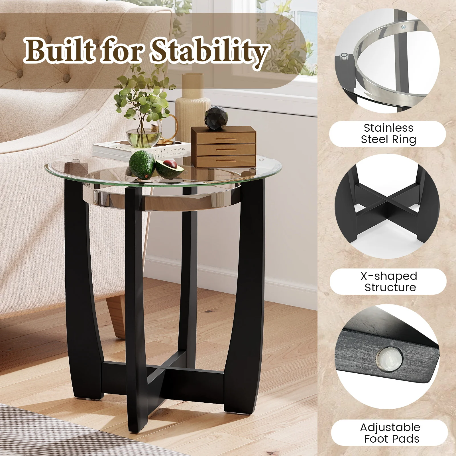 24 Inches Round Side Table with Tempered Glass Top and Solid Rubber Wood Base, Black - Image 8