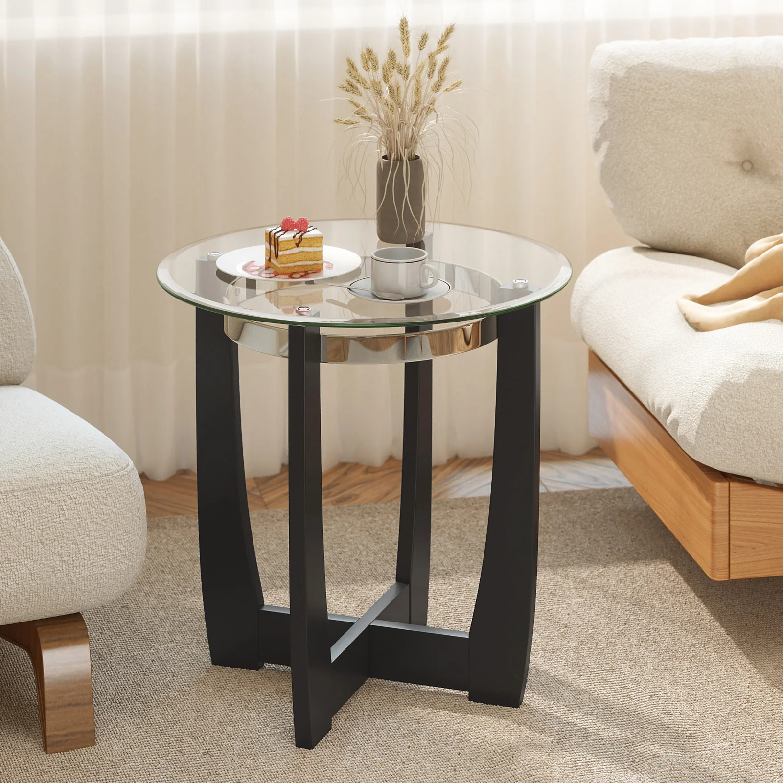 24 Inches Round Side Table with Tempered Glass Top and Solid Rubber Wood Base, Black - Image 9