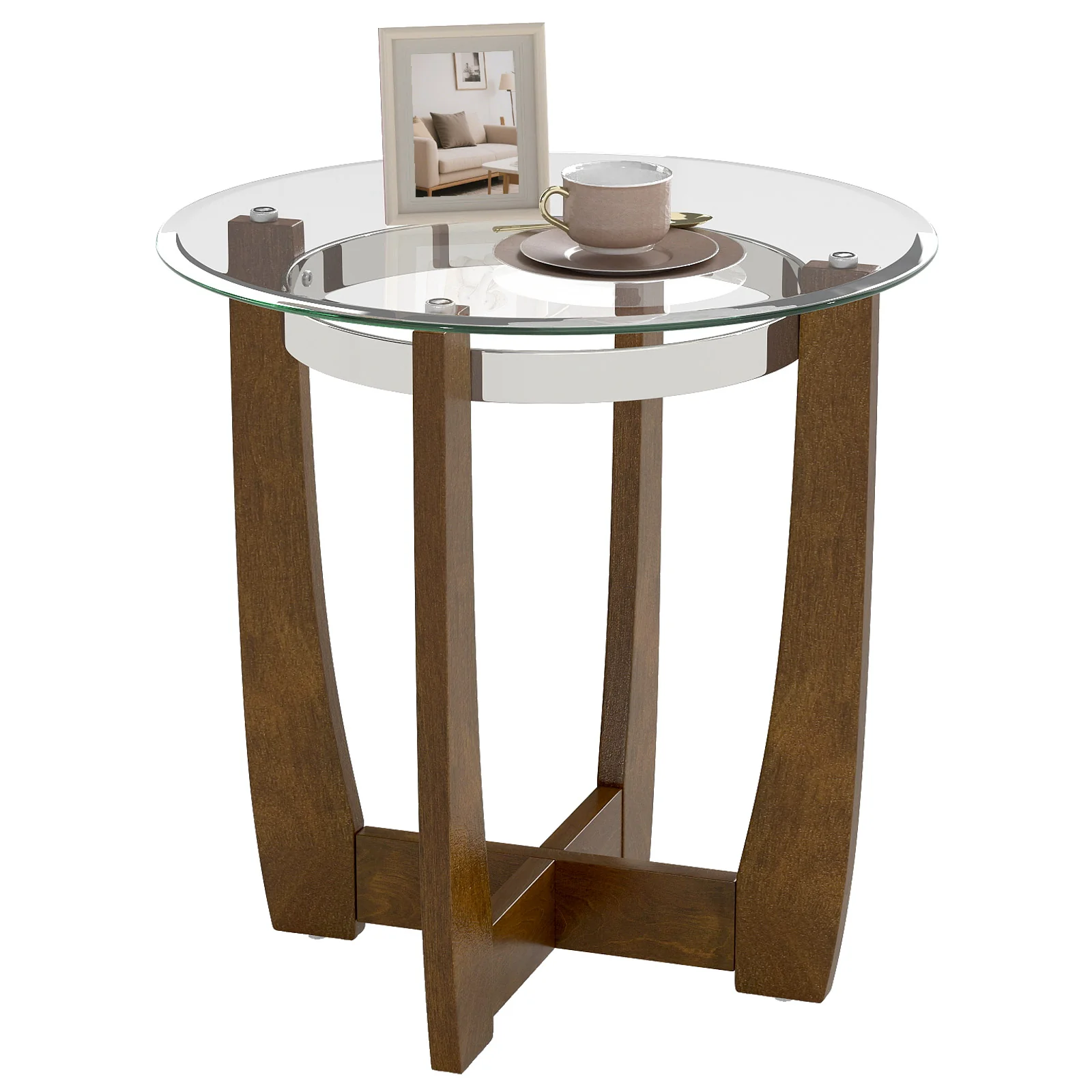 24 Inches Round Side Table with Tempered Glass Top and Solid Rubber Wood Base, Walnut