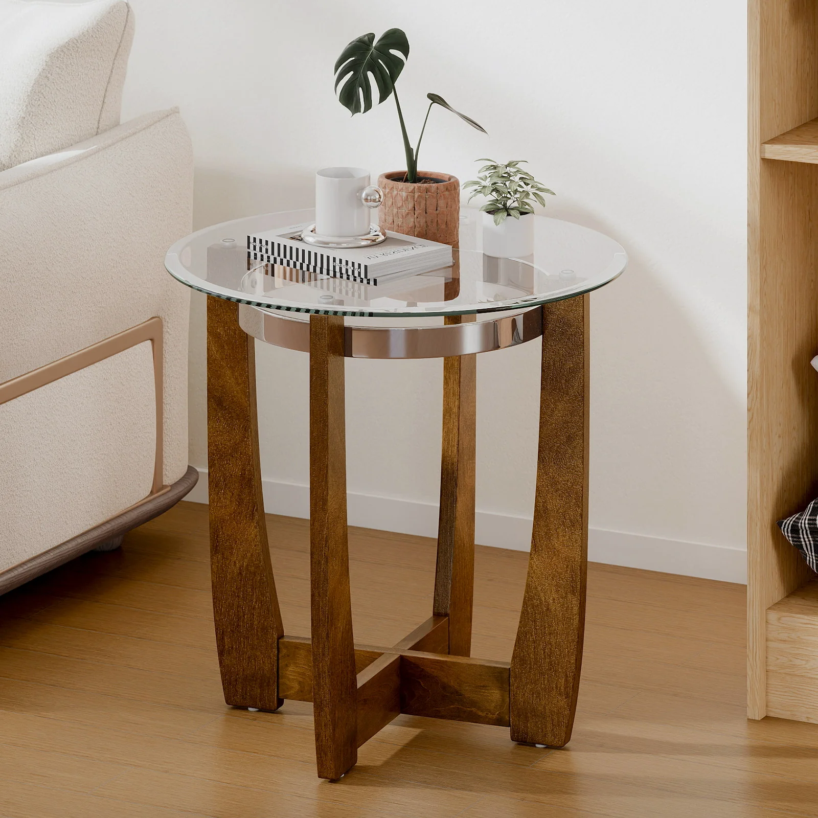 24 Inches Round Side Table with Tempered Glass Top and Solid Rubber Wood Base, Walnut - Image 2