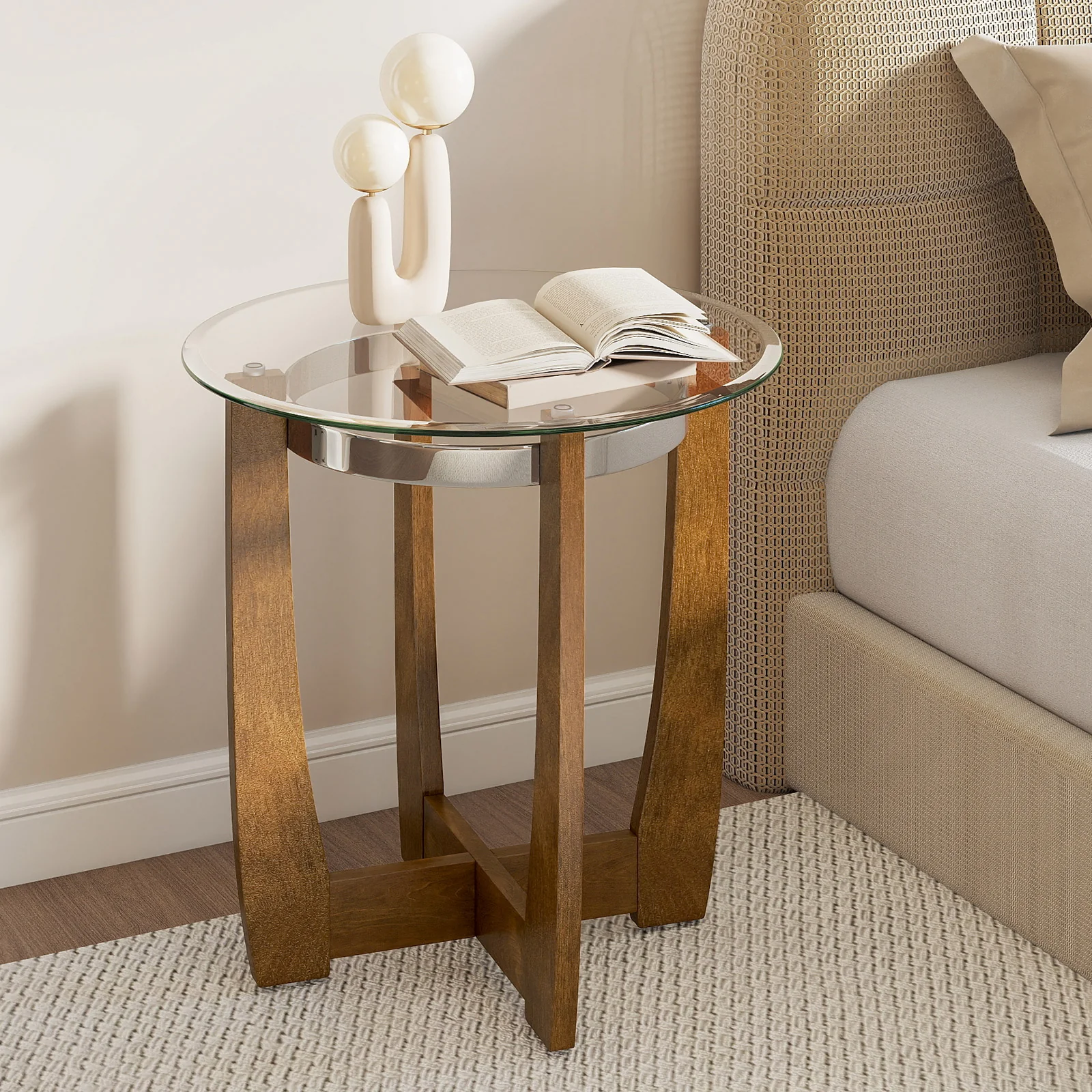 24 Inches Round Side Table with Tempered Glass Top and Solid Rubber Wood Base, Walnut - Image 3