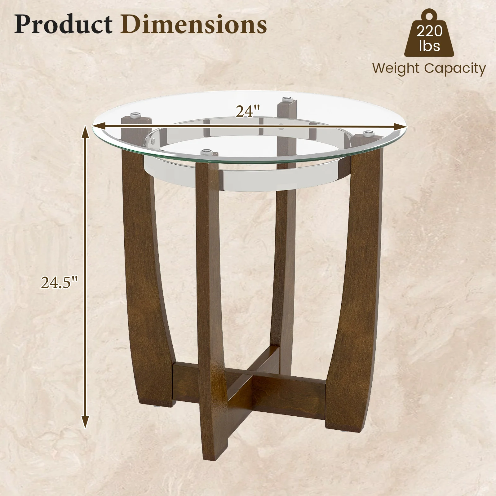24 Inches Round Side Table with Tempered Glass Top and Solid Rubber Wood Base, Walnut - Image 5