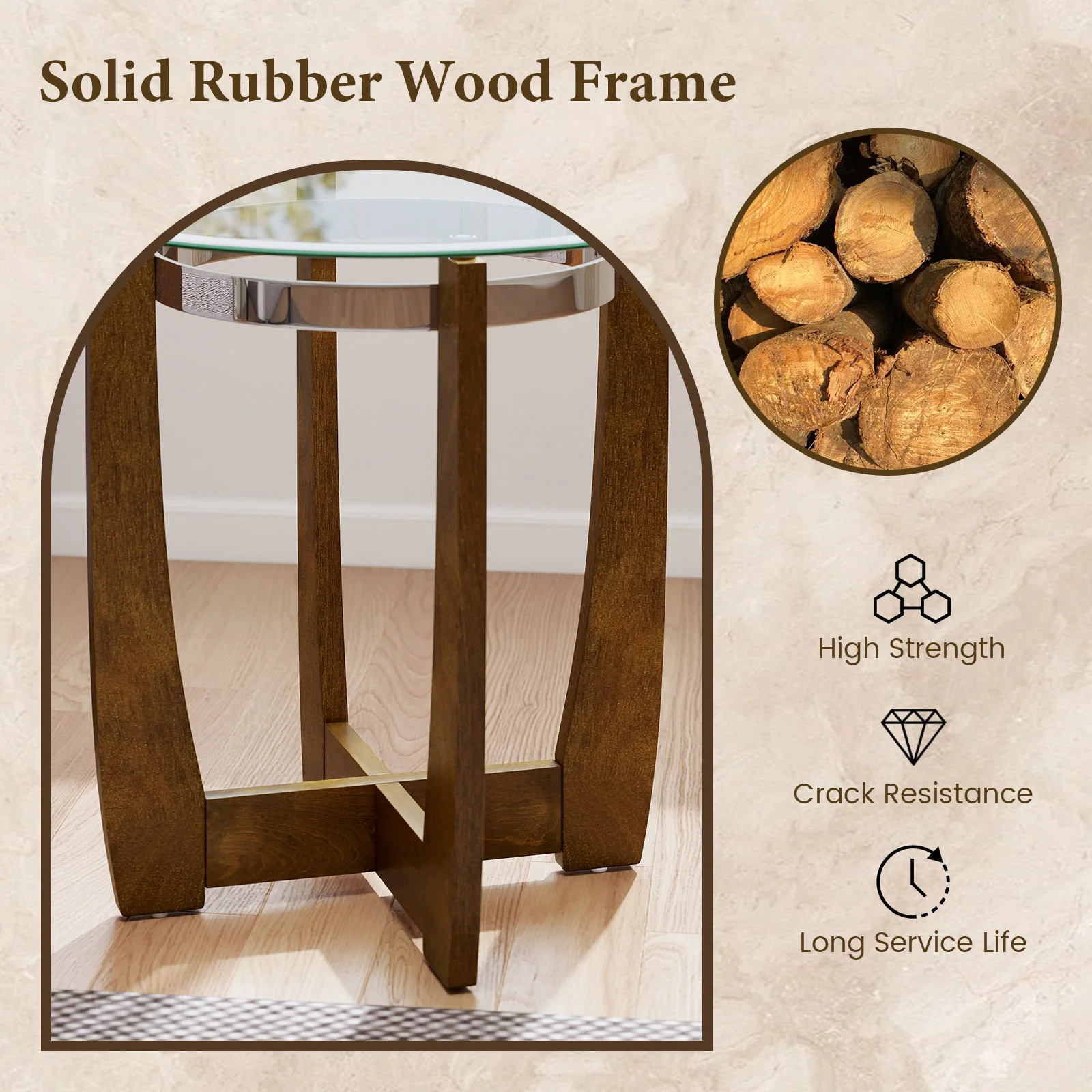 24 Inches Round Side Table with Tempered Glass Top and Solid Rubber Wood Base, Walnut - Image 6