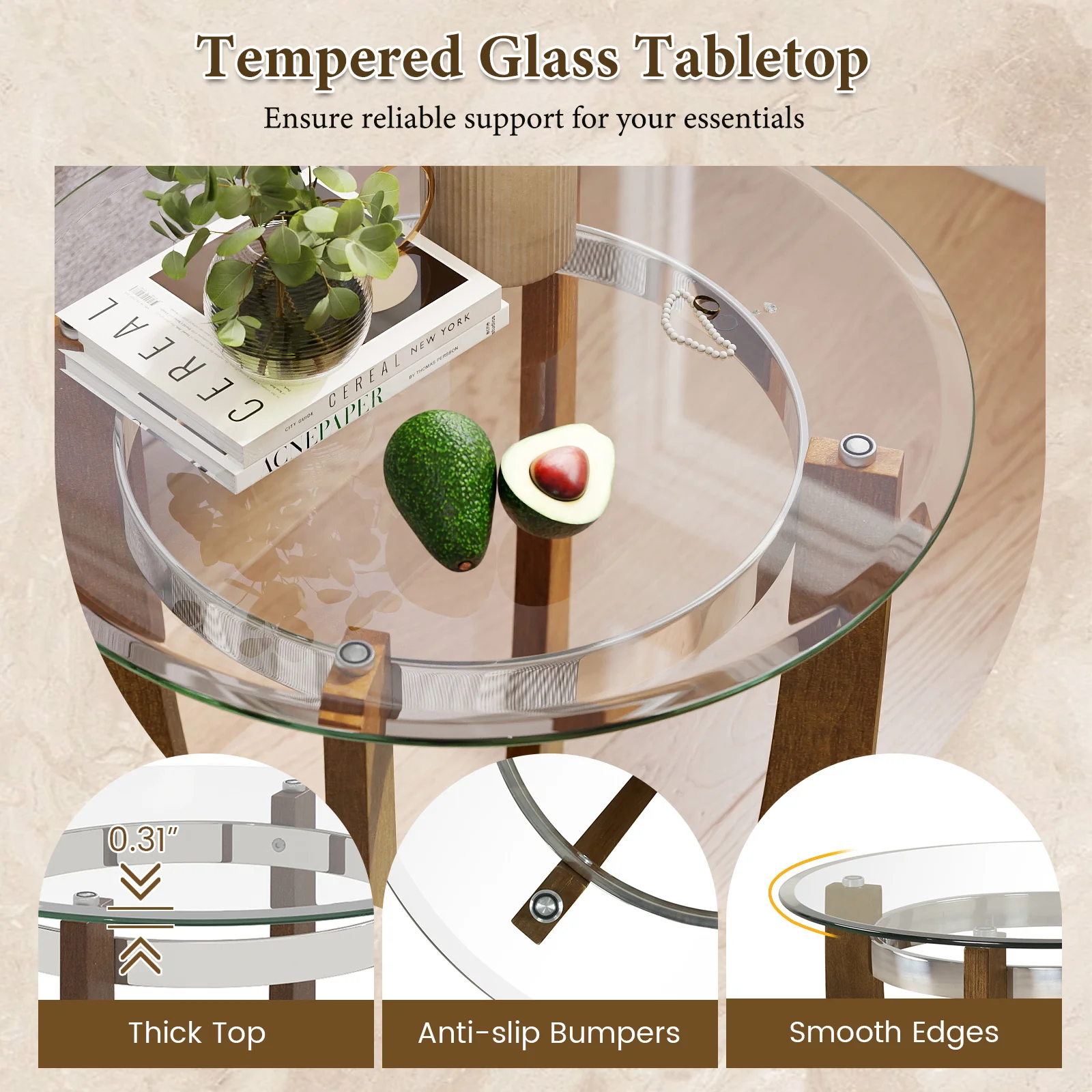 24 Inches Round Side Table with Tempered Glass Top and Solid Rubber Wood Base, Walnut - Image 7