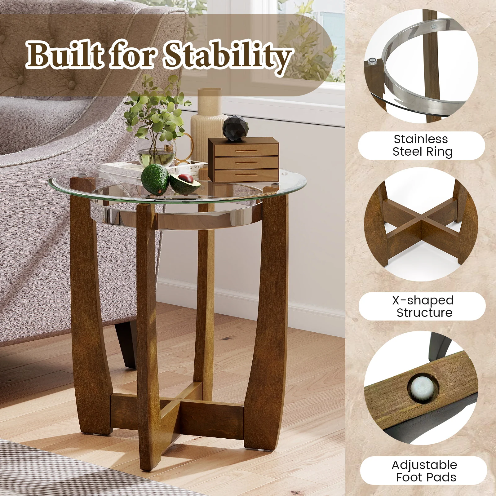 24 Inches Round Side Table with Tempered Glass Top and Solid Rubber Wood Base, Walnut - Image 8