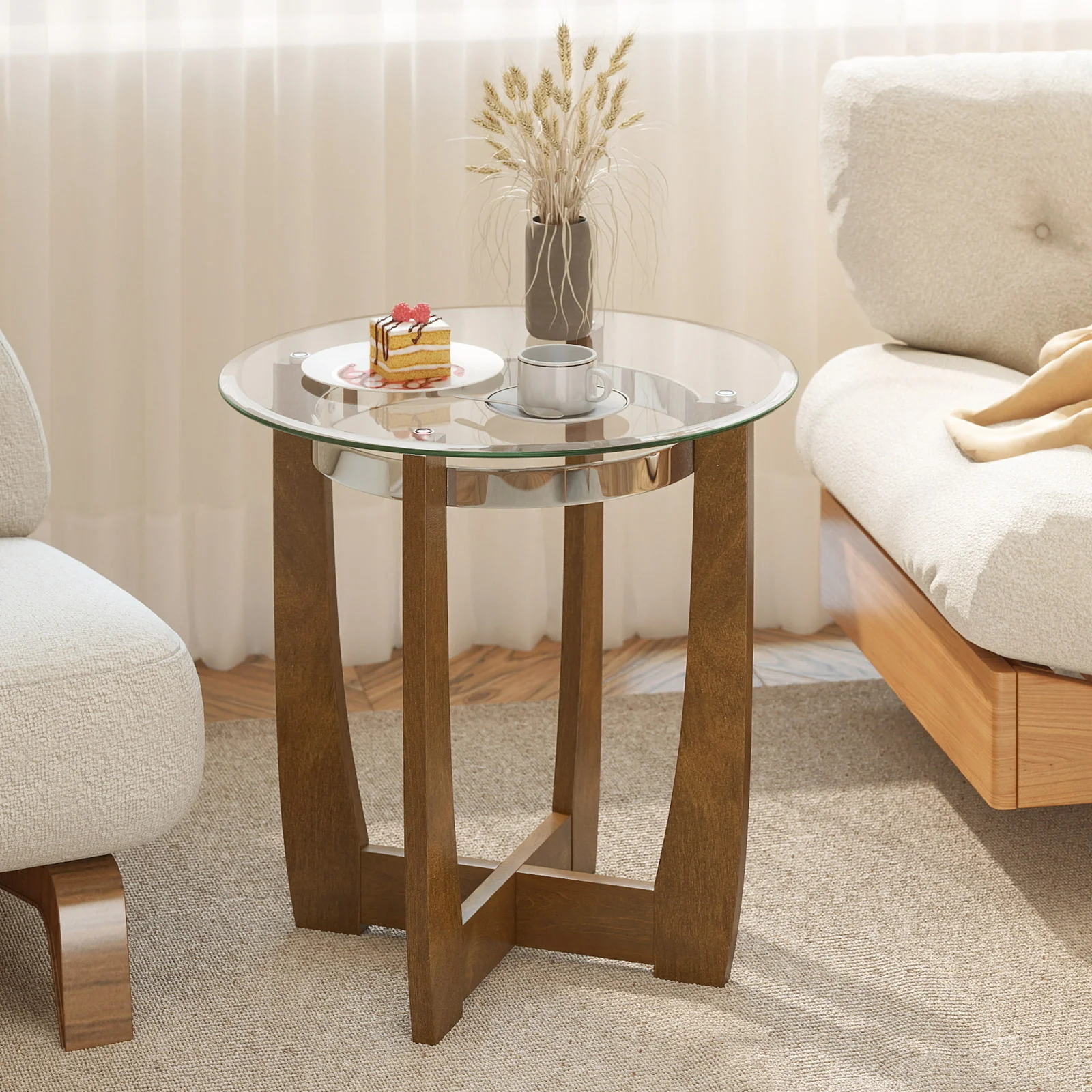 24 Inches Round Side Table with Tempered Glass Top and Solid Rubber Wood Base, Walnut - Image 9