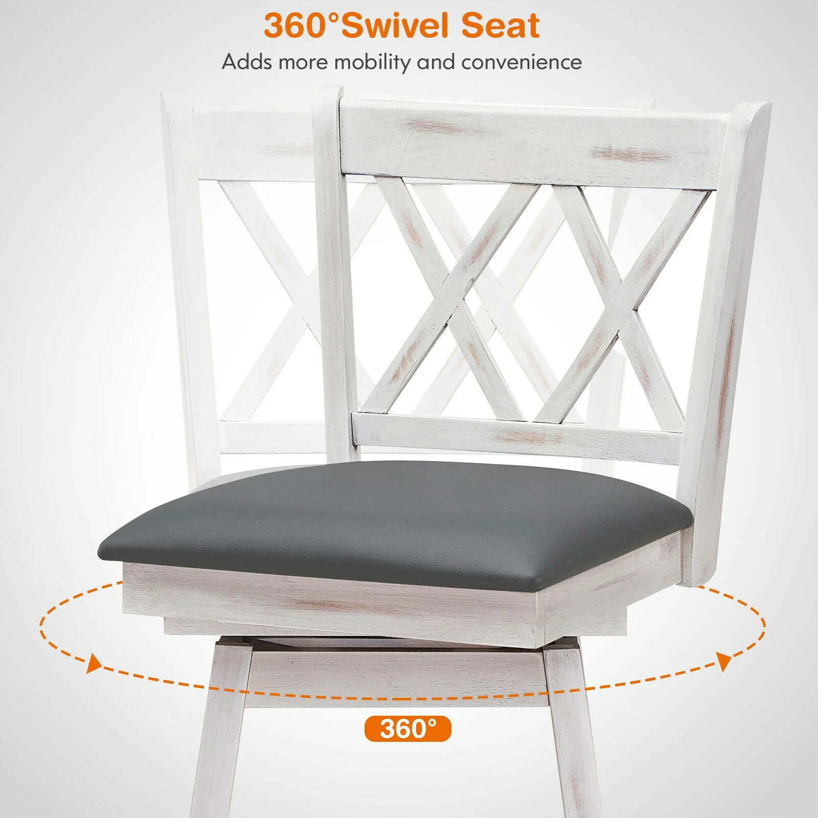 24 Inches Swivel Counter Height Barstool Set, Rubber Wood Legs, White - Image 10