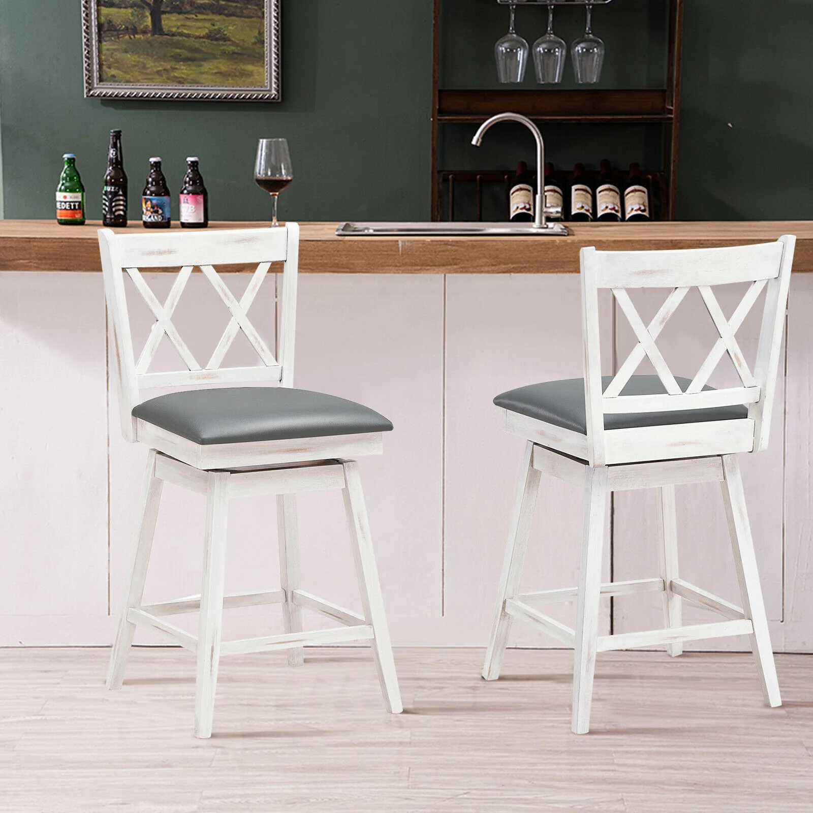 24 Inches Swivel Counter Height Barstool Set, Rubber Wood Legs, White - Image 2