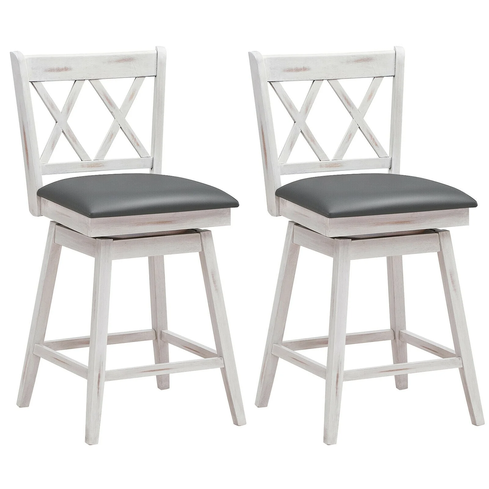 24 Inches Swivel Counter Height Barstool Set, Rubber Wood Legs, White - Image 4