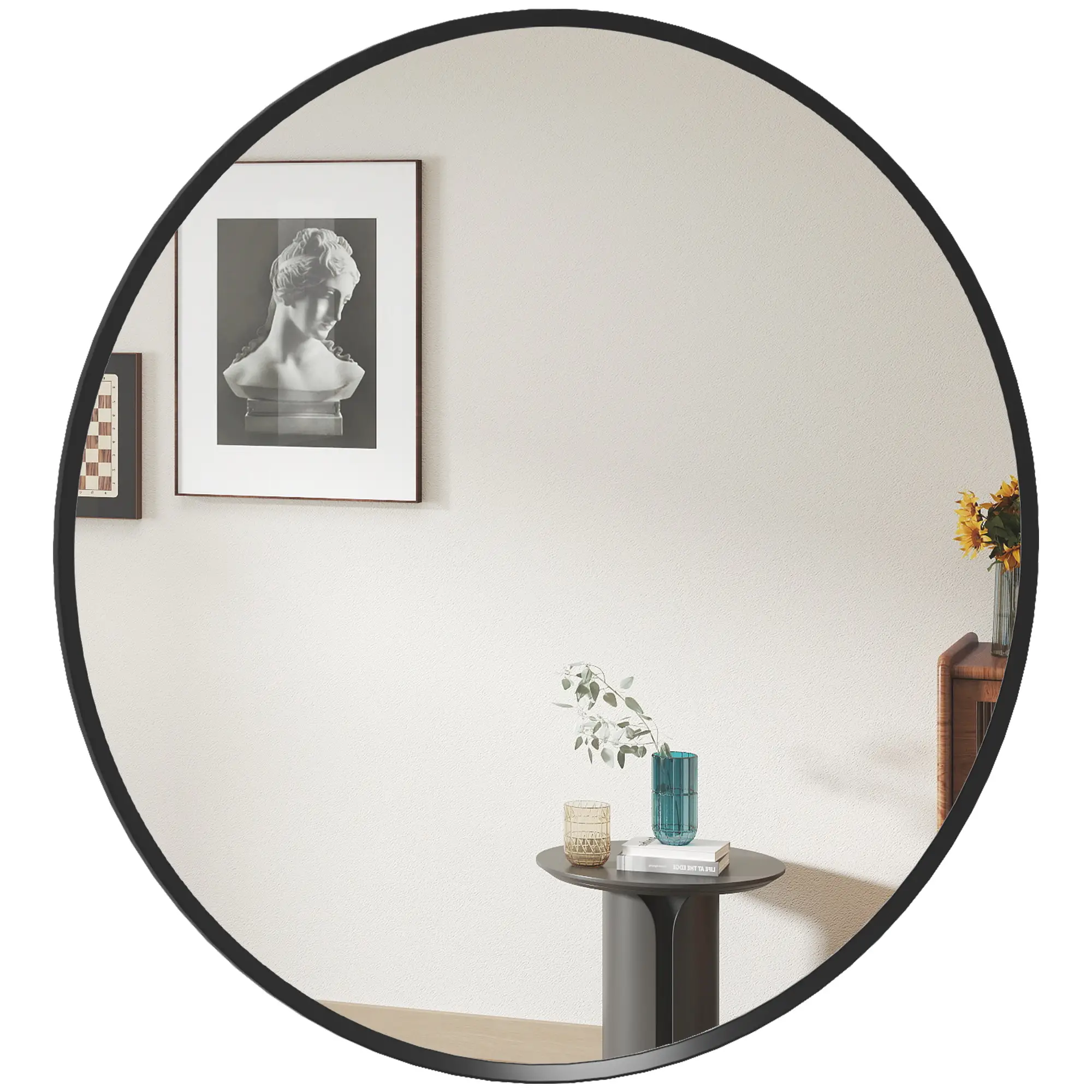 24" Round Wall Mirror, Modern Home Decor for Bedroom Living Room Bathroom, Black