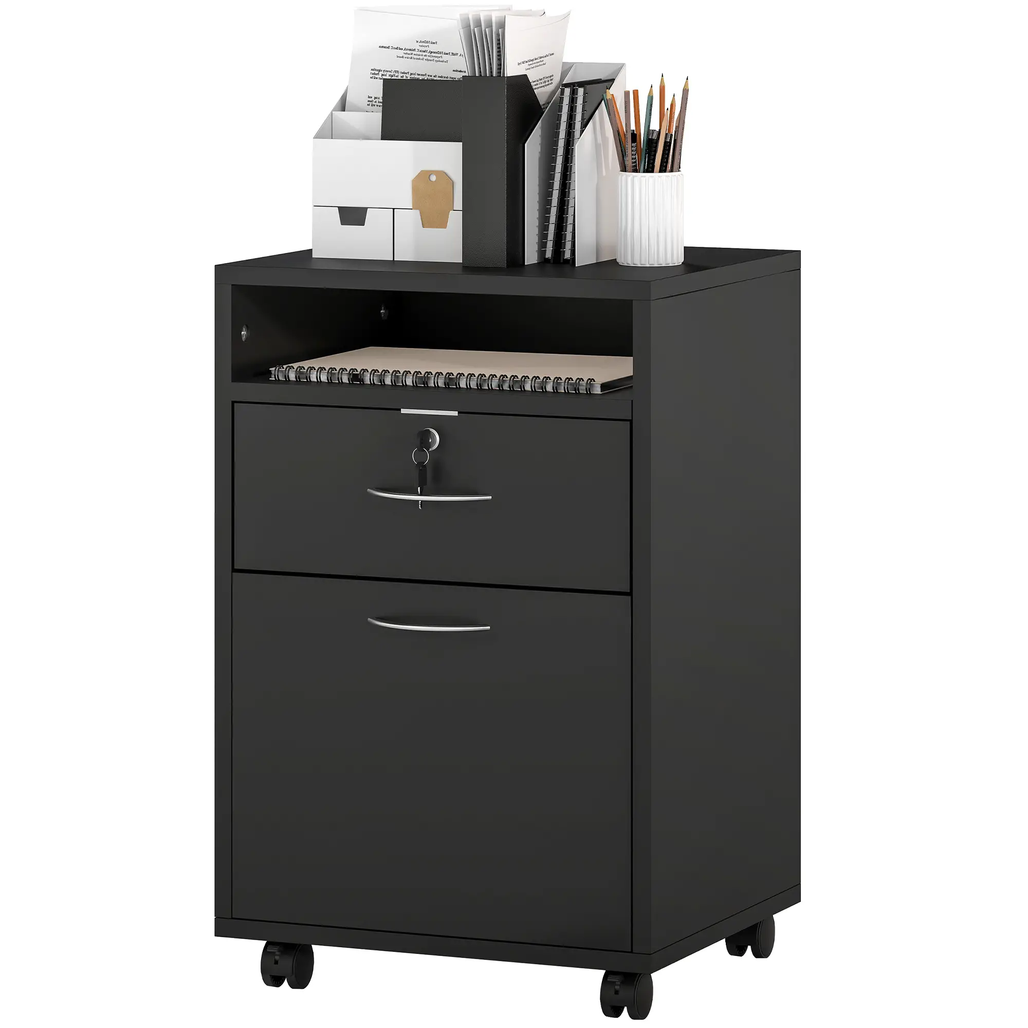 24" Small Filing Cabinet With Compartment, Drawer & Wheels, Black