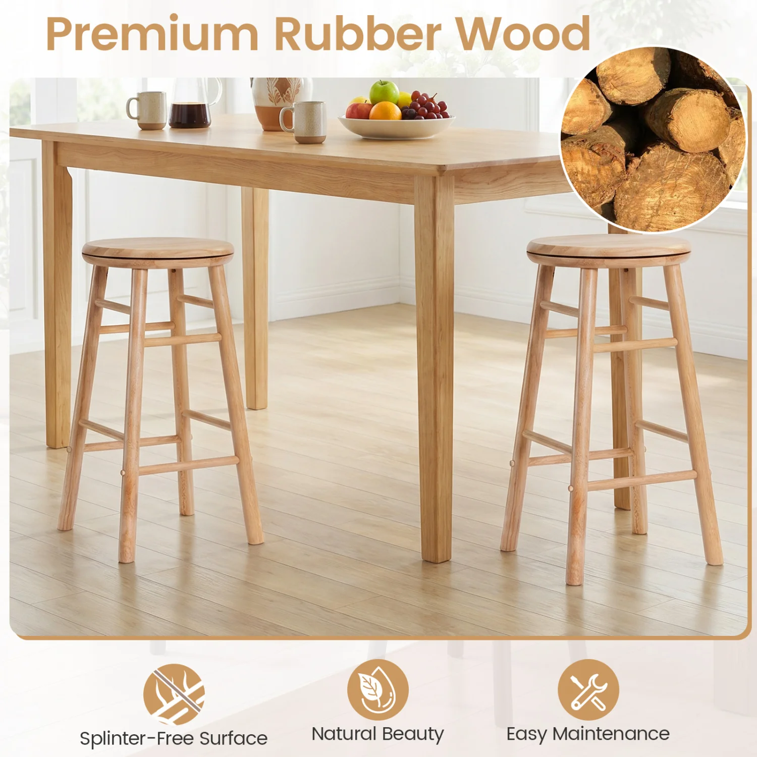 24" Swivel Bar Stools Set of 2, Natural - Image 6