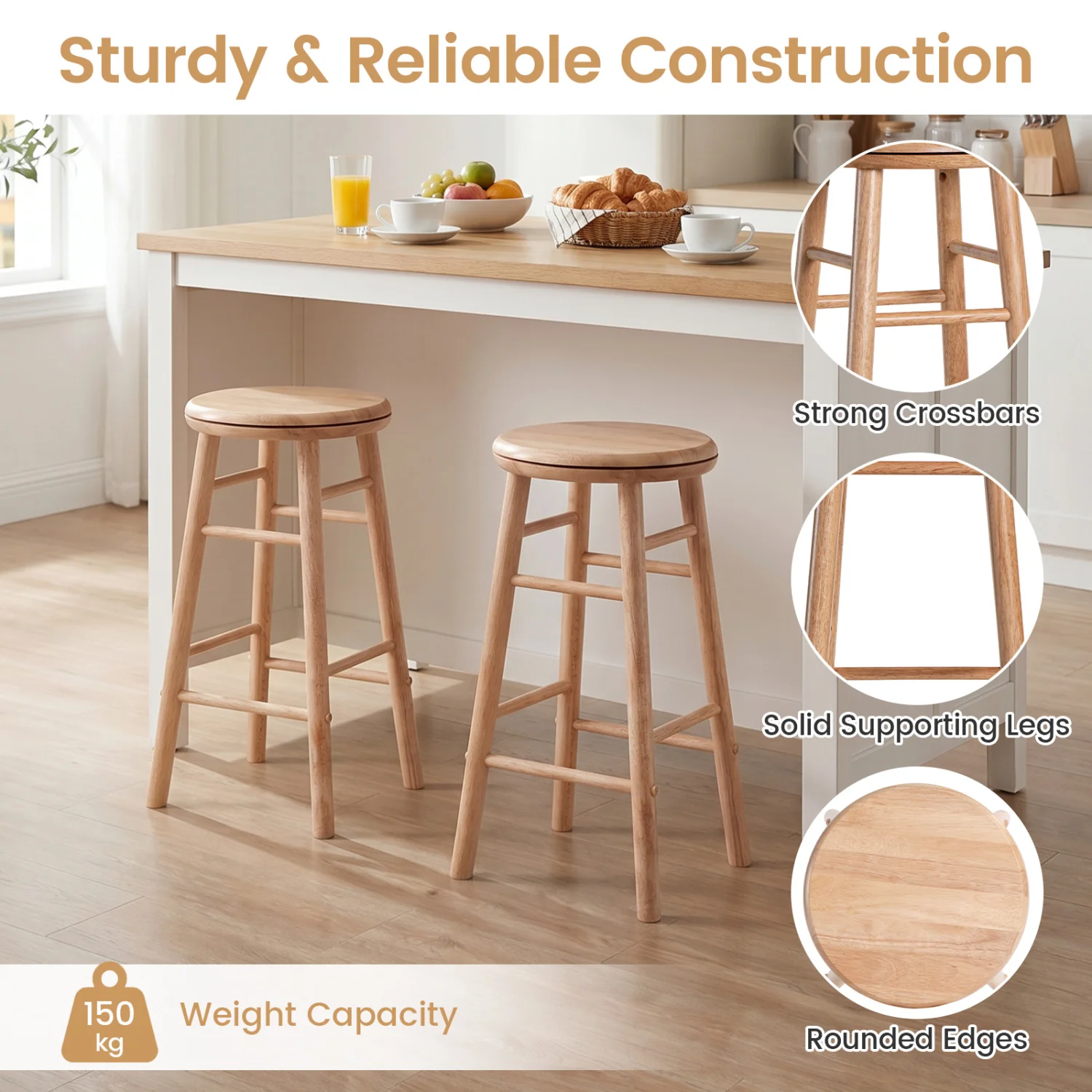 24" Swivel Bar Stools Set of 2, Natural - Image 9