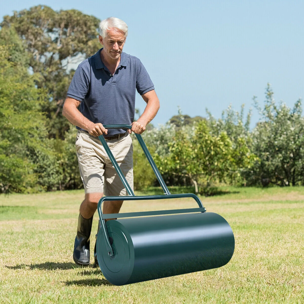 24 x 13 Inch Tow Lawn Roller, Water Filled Metal Push Roller, Green - Image 2