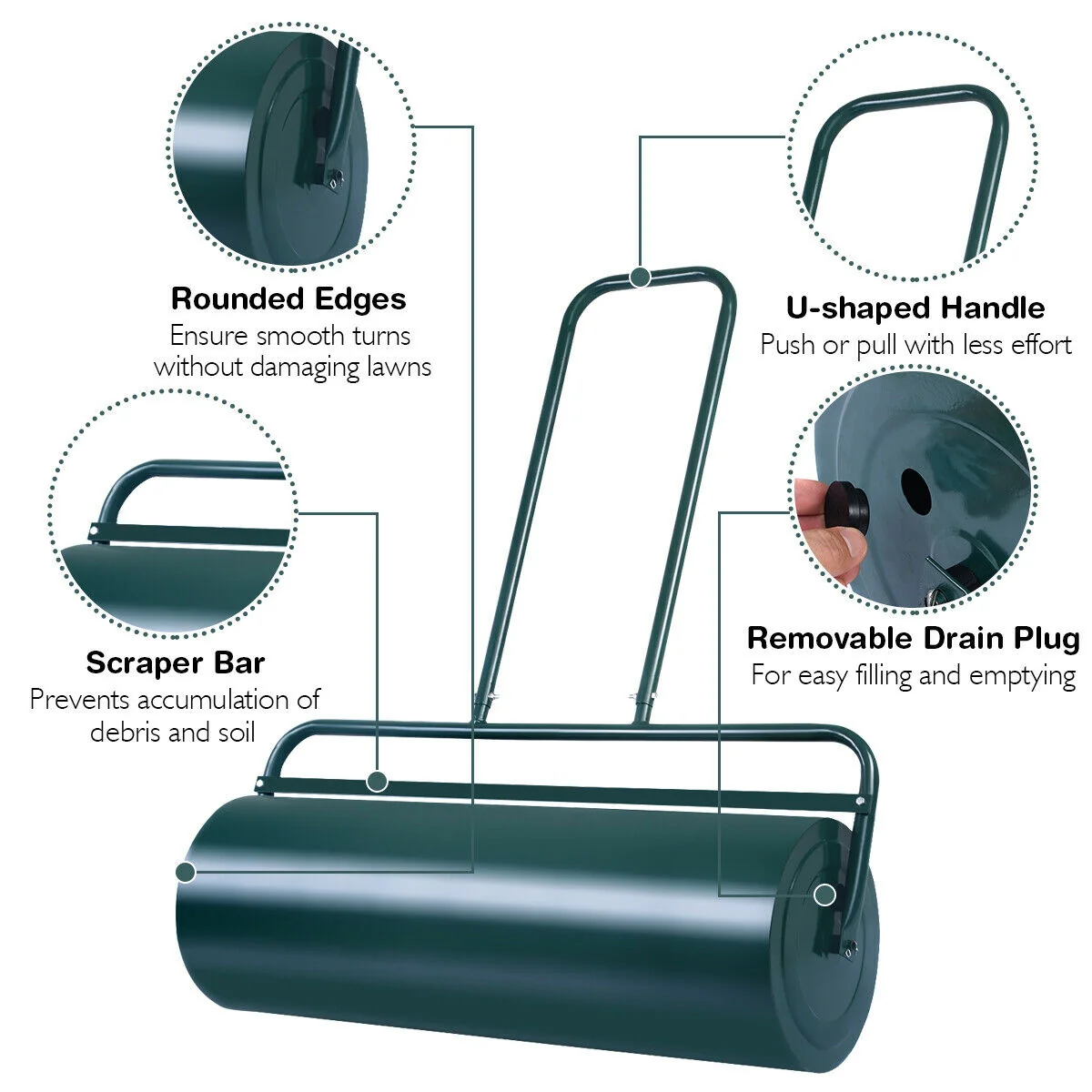 24 x 13 Inch Tow Lawn Roller, Water Filled Metal Push Roller, Green - Image 6
