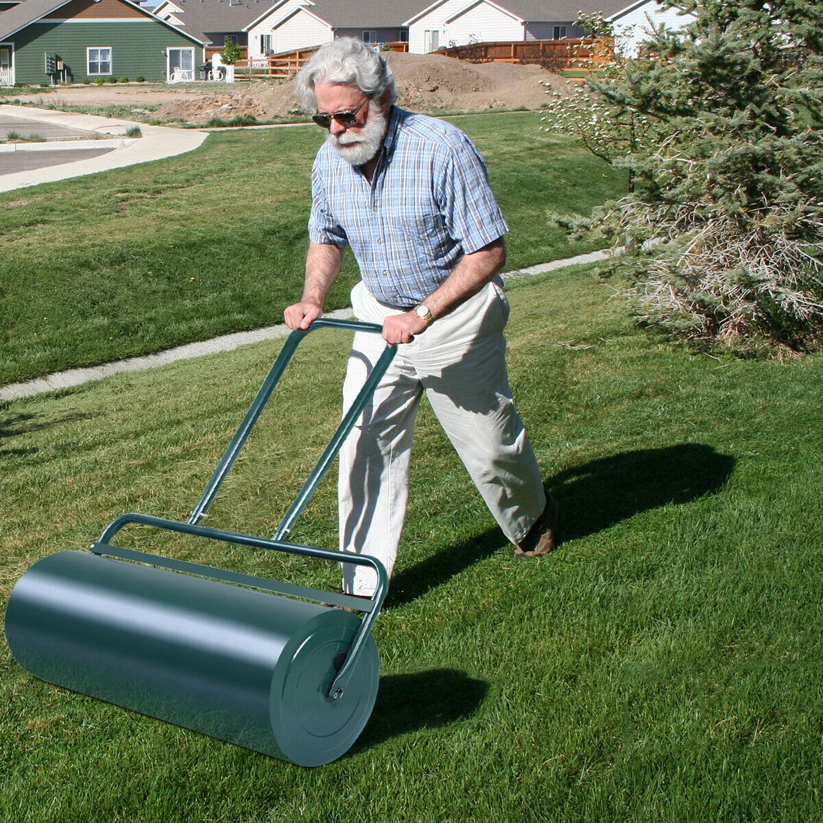 24 x 13 Inch Tow Lawn Roller, Water Filled Metal Push Roller, Green - Image 8