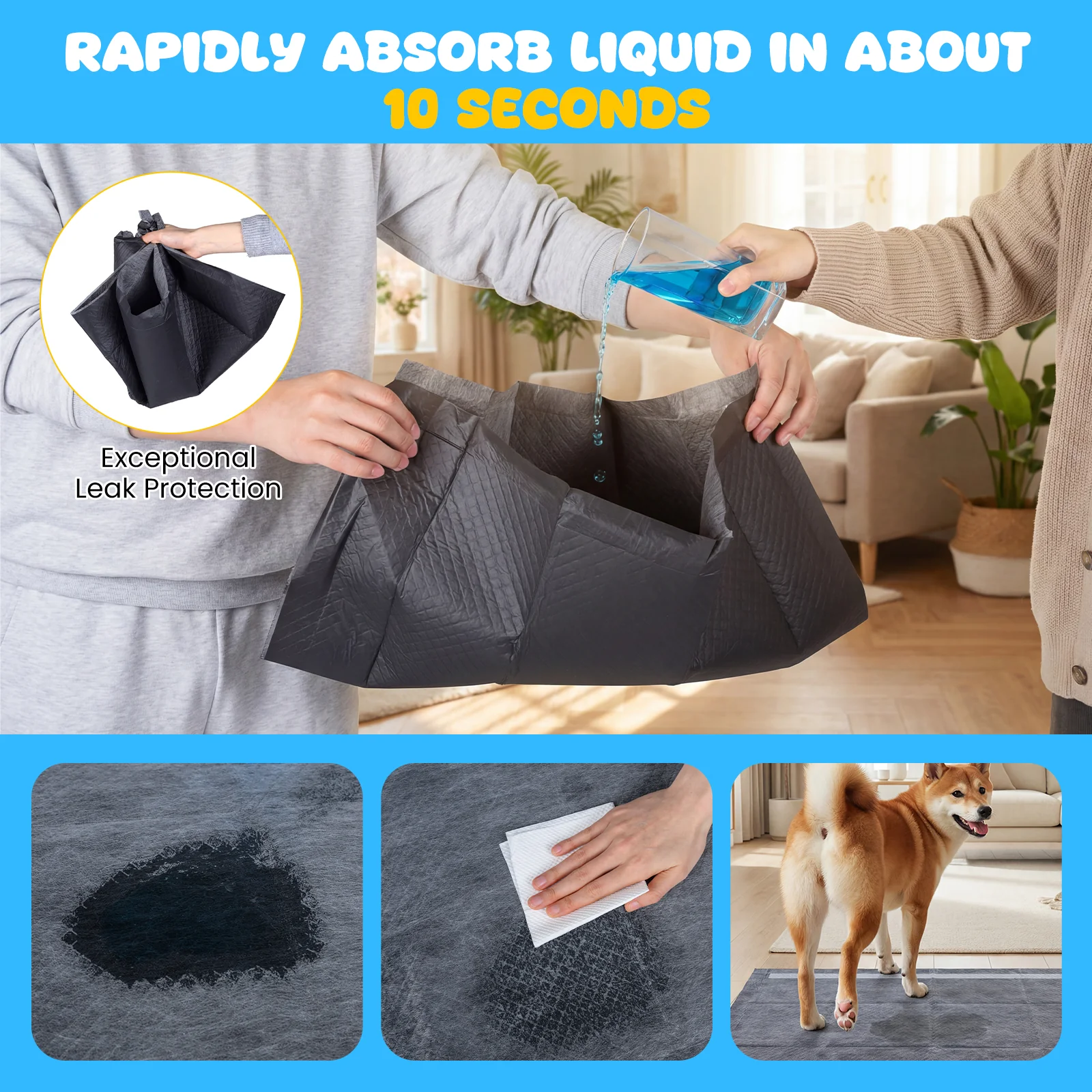 24" x 24" Dog Pee Pads, 6-Layer, Charcoal, Black - Image 7
