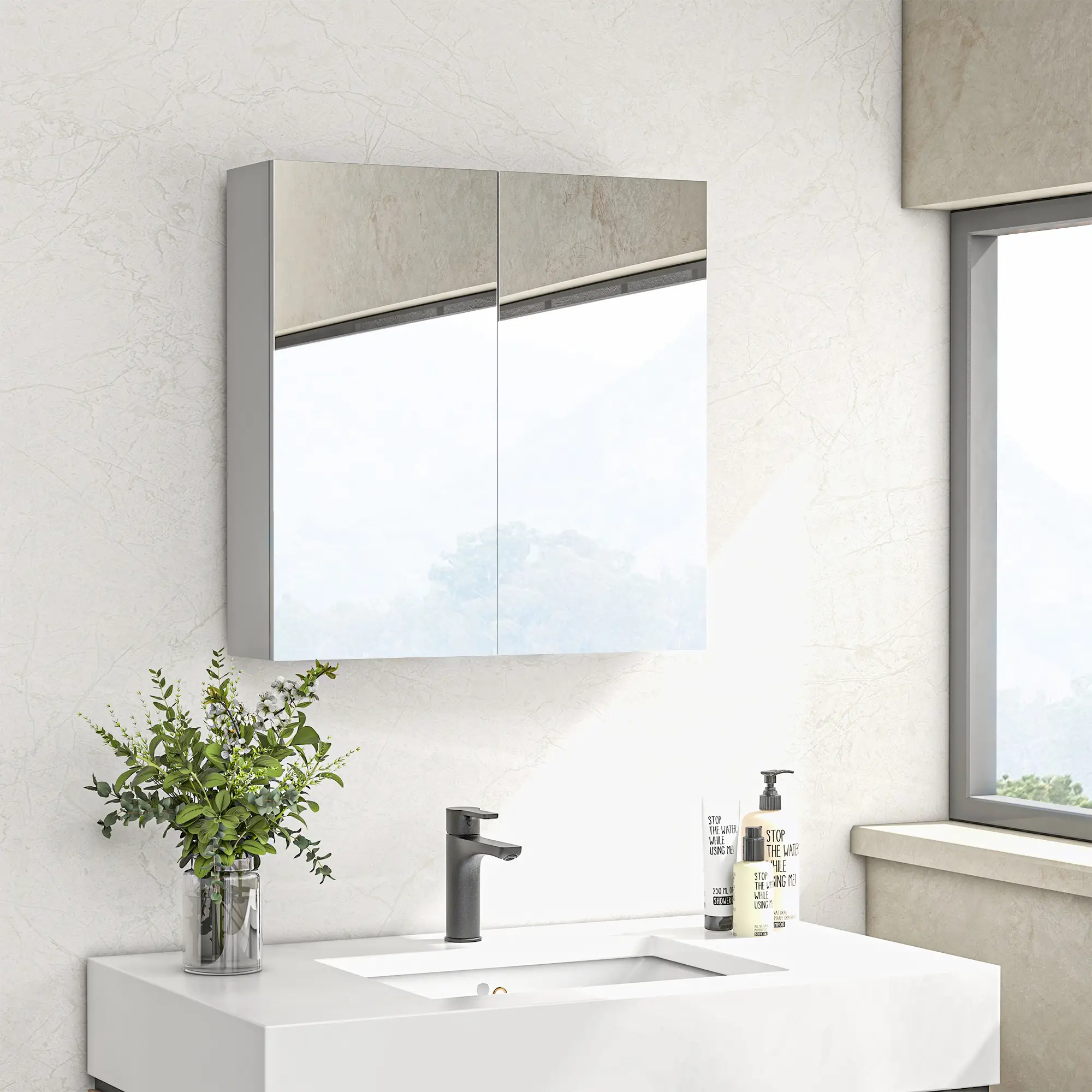 24" x 24" Medicine Cabinet, Wall Mounted, Mirrored Doors, Adjustable Shelves, Soft Close, High Gloss, White - Image 2