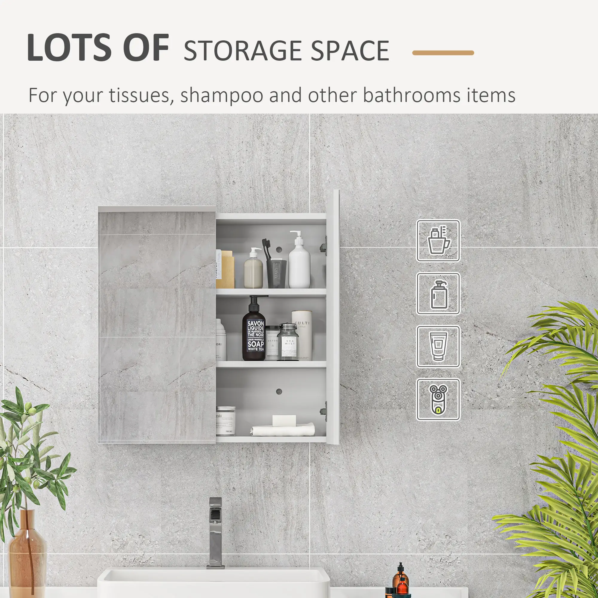 24" x 24" Medicine Cabinet, Wall Mounted, Mirrored Doors, Adjustable Shelves, Soft Close, High Gloss, White - Image 4