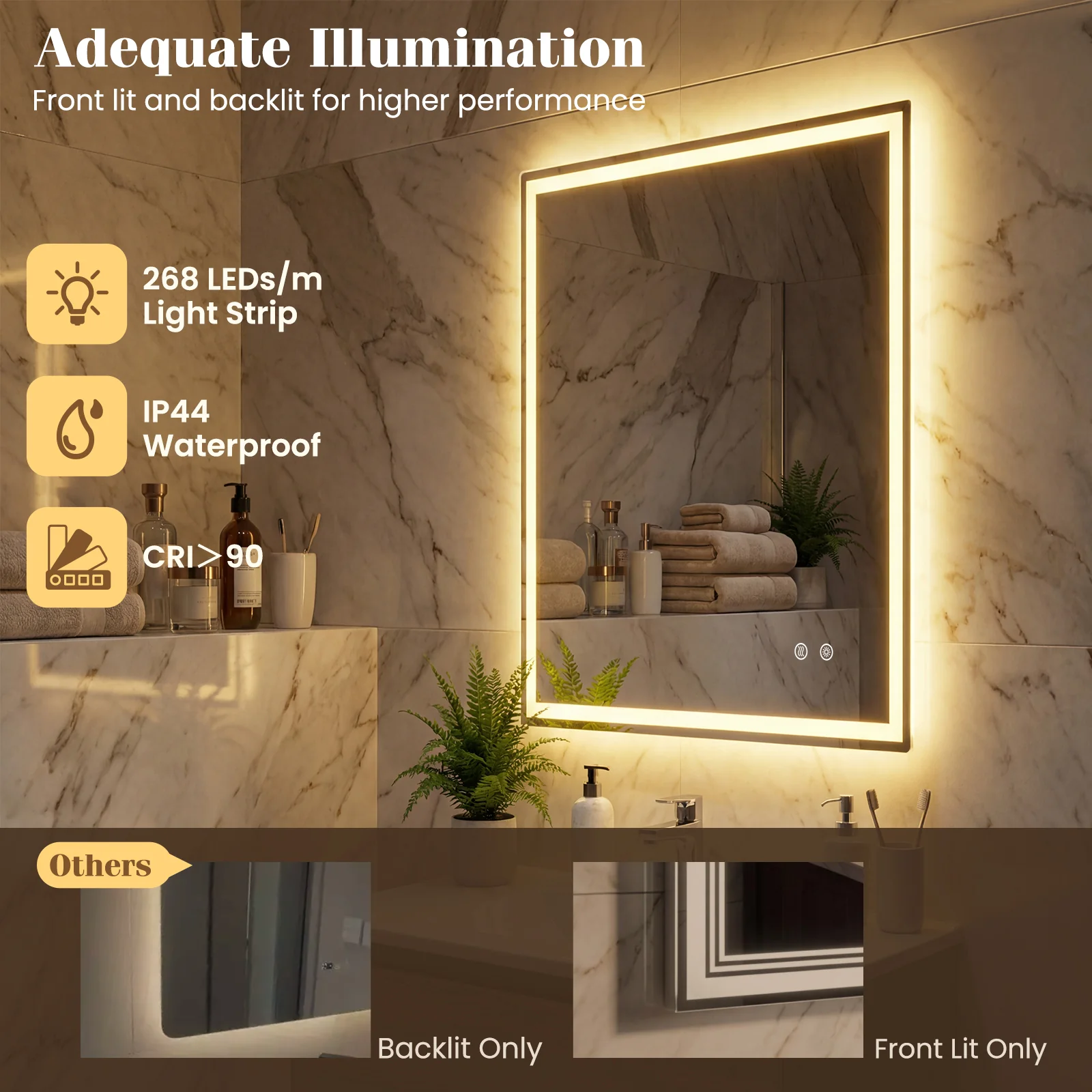 24 x 32 Inch LED Bathroom Mirror, Frontlit And Backlit, Silver - Image 9