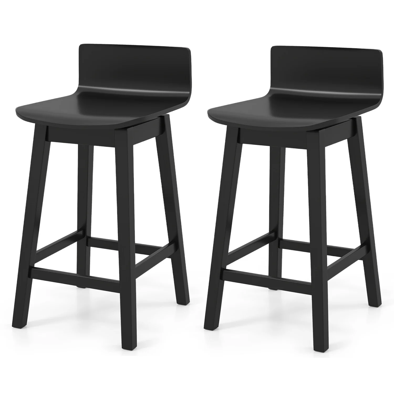 24.5 Inch Swivel Wooden Bar Stools Set of 2 with Rubber Wood Legs and Low Back, Black