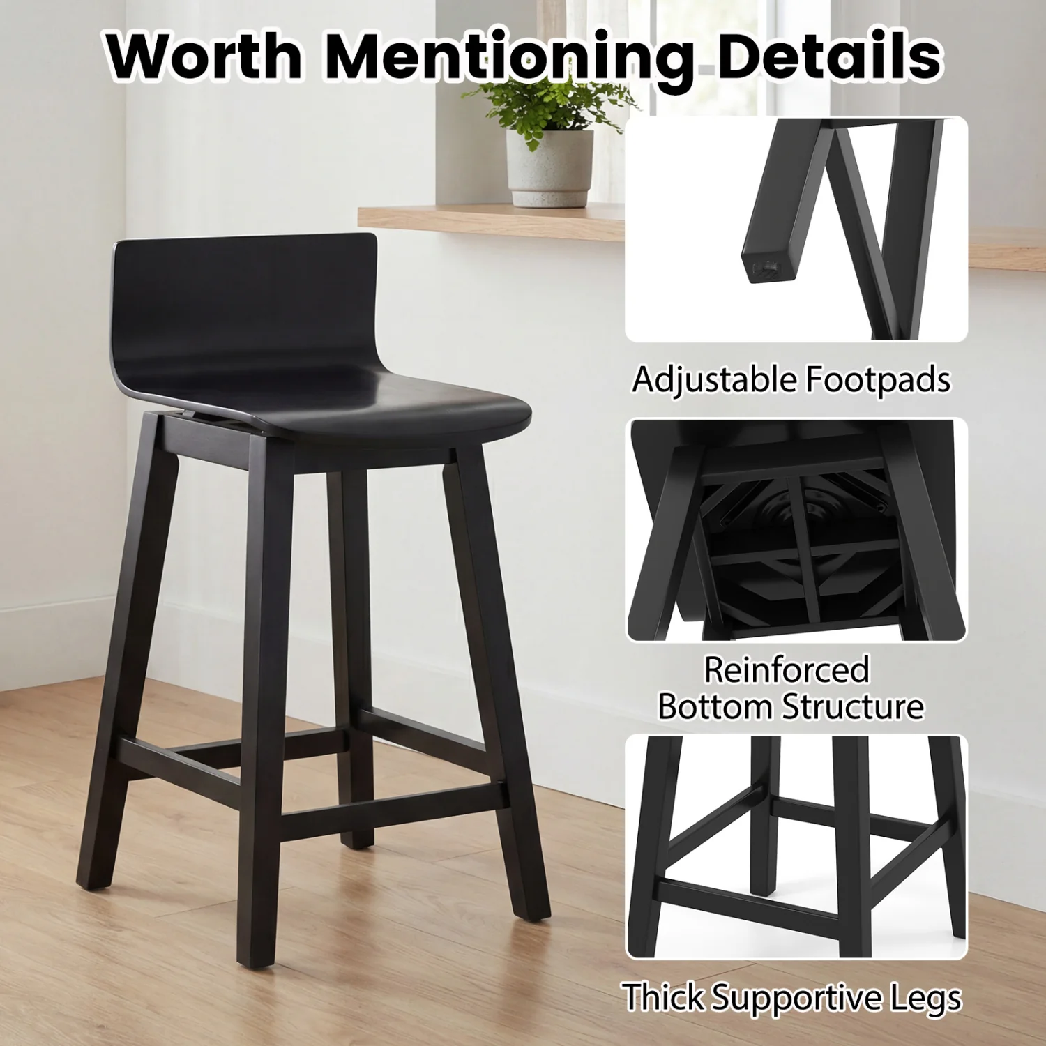 24.5 Inch Swivel Wooden Bar Stools Set of 2 with Rubber Wood Legs and Low Back, Black - Image 10