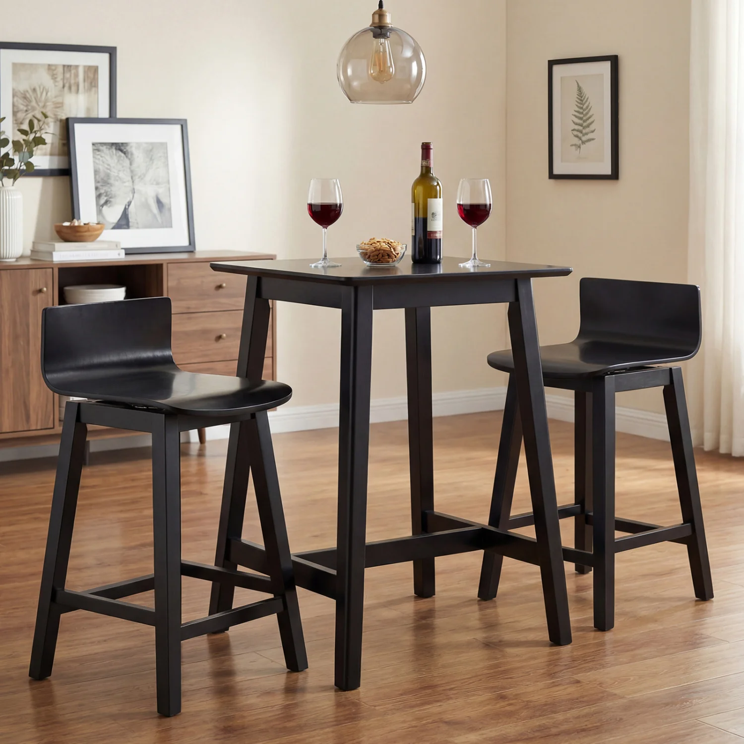 24.5 Inch Swivel Wooden Bar Stools Set of 2 with Rubber Wood Legs and Low Back, Black - Image 2