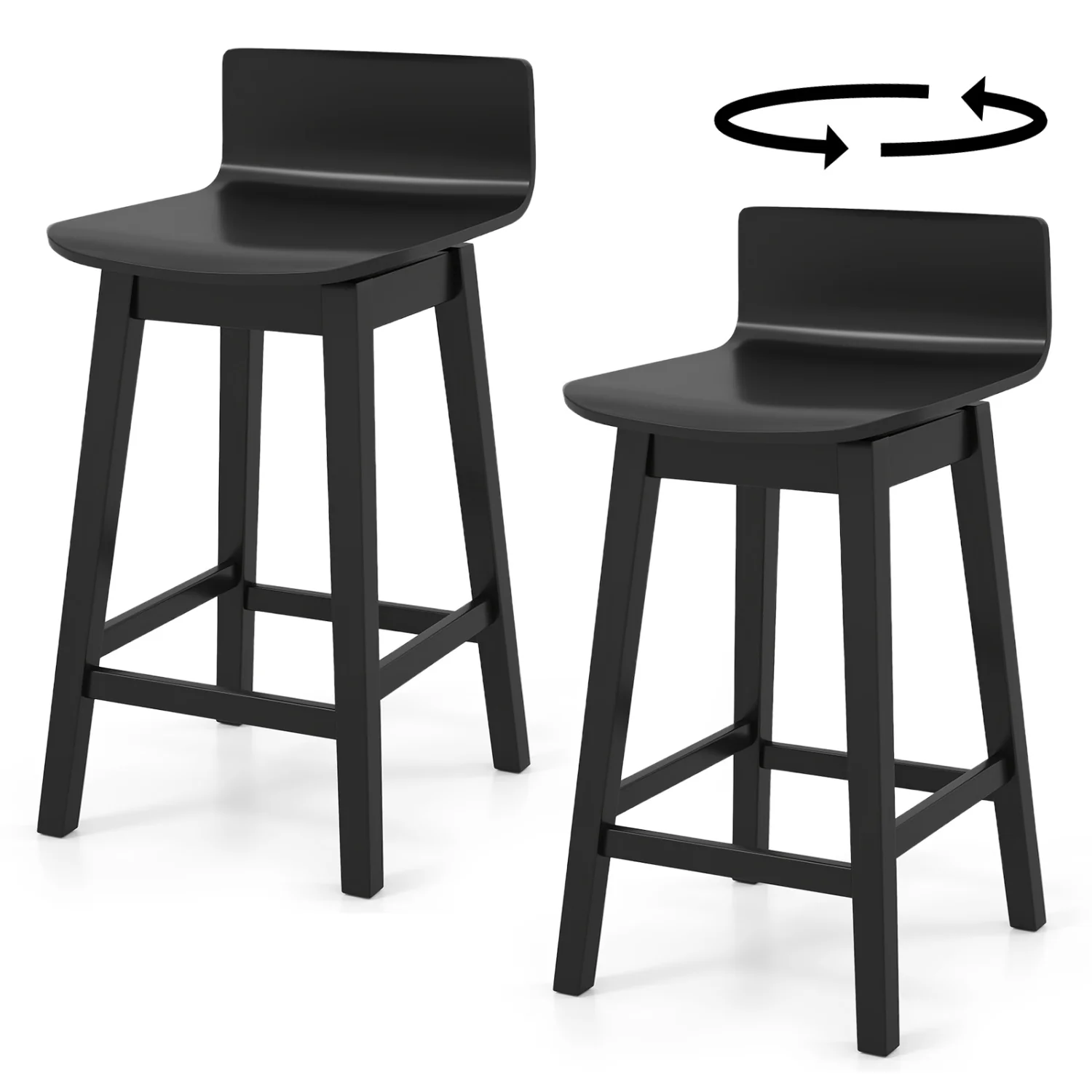 24.5 Inch Swivel Wooden Bar Stools Set of 2 with Rubber Wood Legs and Low Back, Black - Image 5
