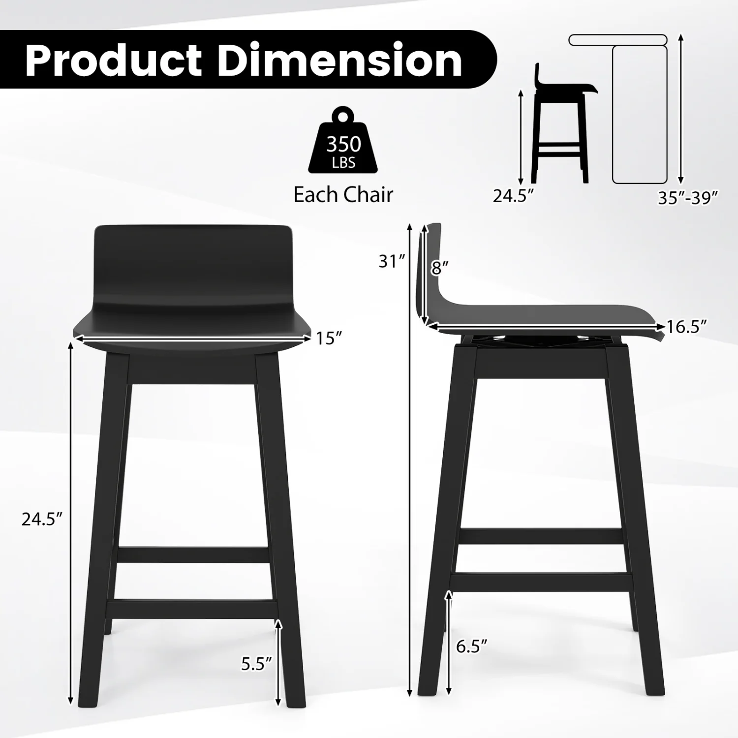 24.5 Inch Swivel Wooden Bar Stools Set of 2 with Rubber Wood Legs and Low Back, Black - Image 6