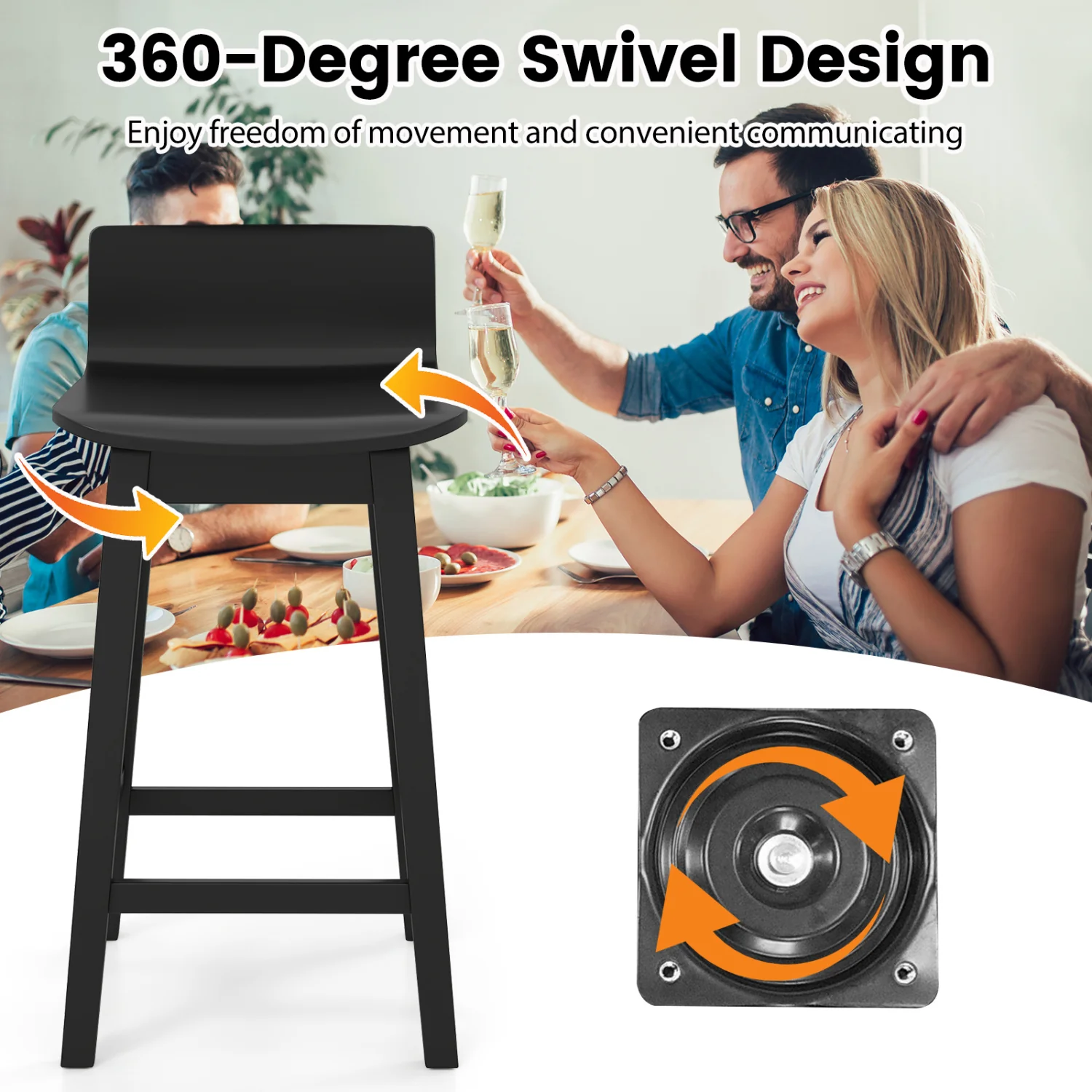 24.5 Inch Swivel Wooden Bar Stools Set of 2 with Rubber Wood Legs and Low Back, Black - Image 9