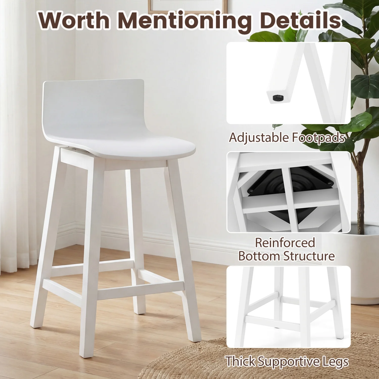 24.5 Inch Swivel Wooden Bar Stools Set of 2 with Rubber Wood Legs and Low Back, White - Image 10