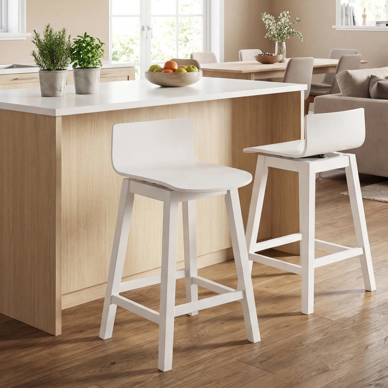 24.5 Inch Swivel Wooden Bar Stools Set of 2 with Rubber Wood Legs and Low Back, White - Image 3