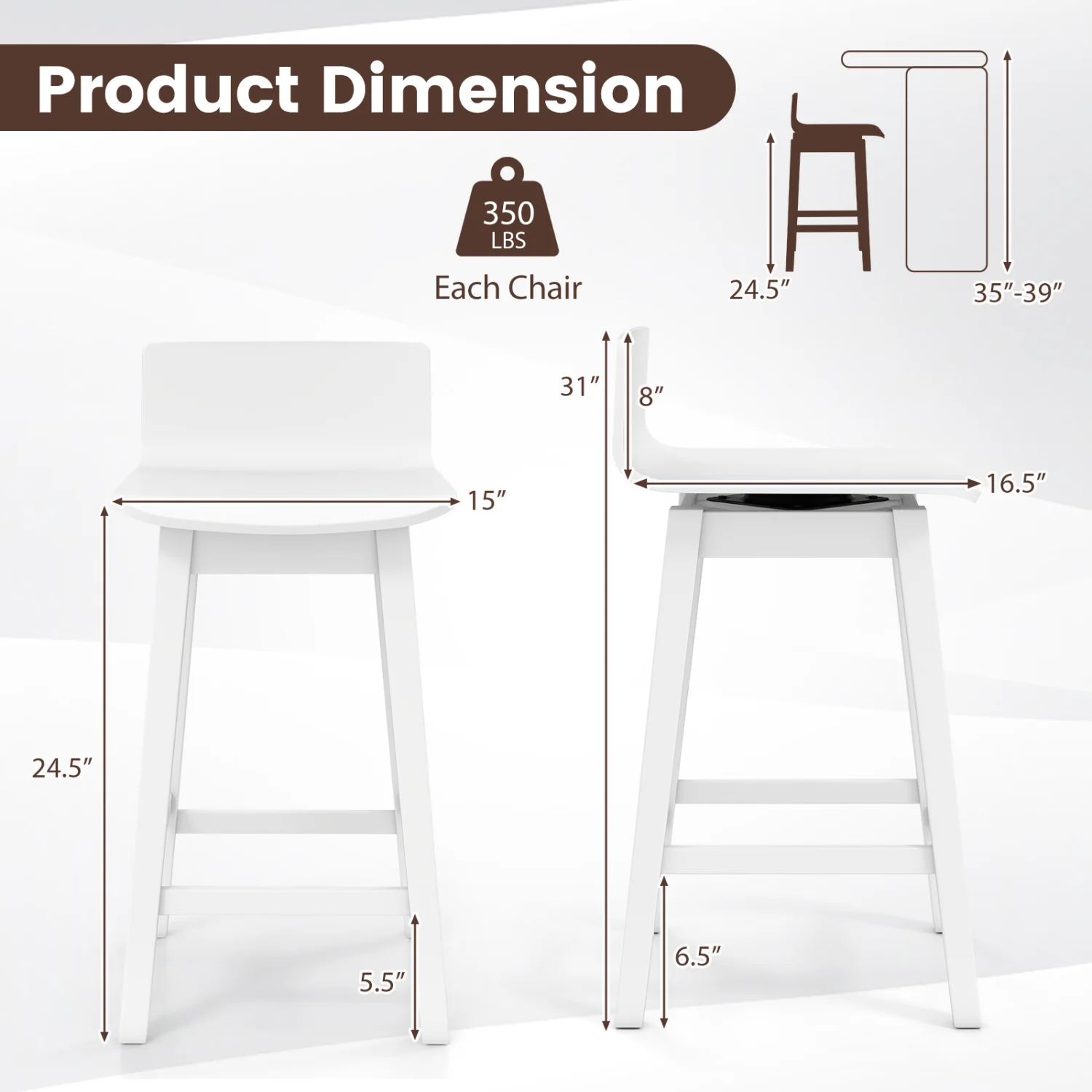 24.5 Inch Swivel Wooden Bar Stools Set of 2 with Rubber Wood Legs and Low Back, White - Image 6