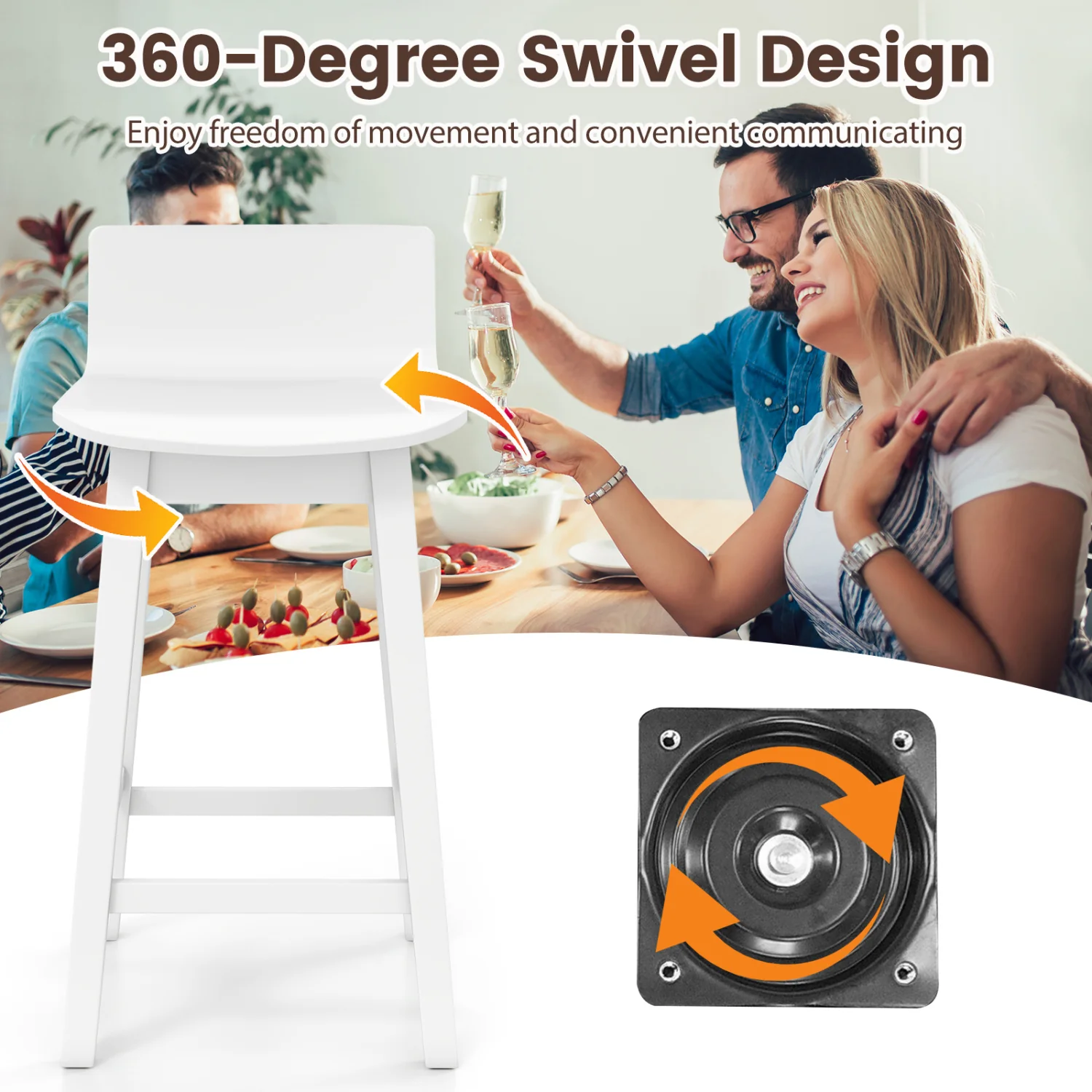 24.5 Inch Swivel Wooden Bar Stools Set of 2 with Rubber Wood Legs and Low Back, White - Image 9