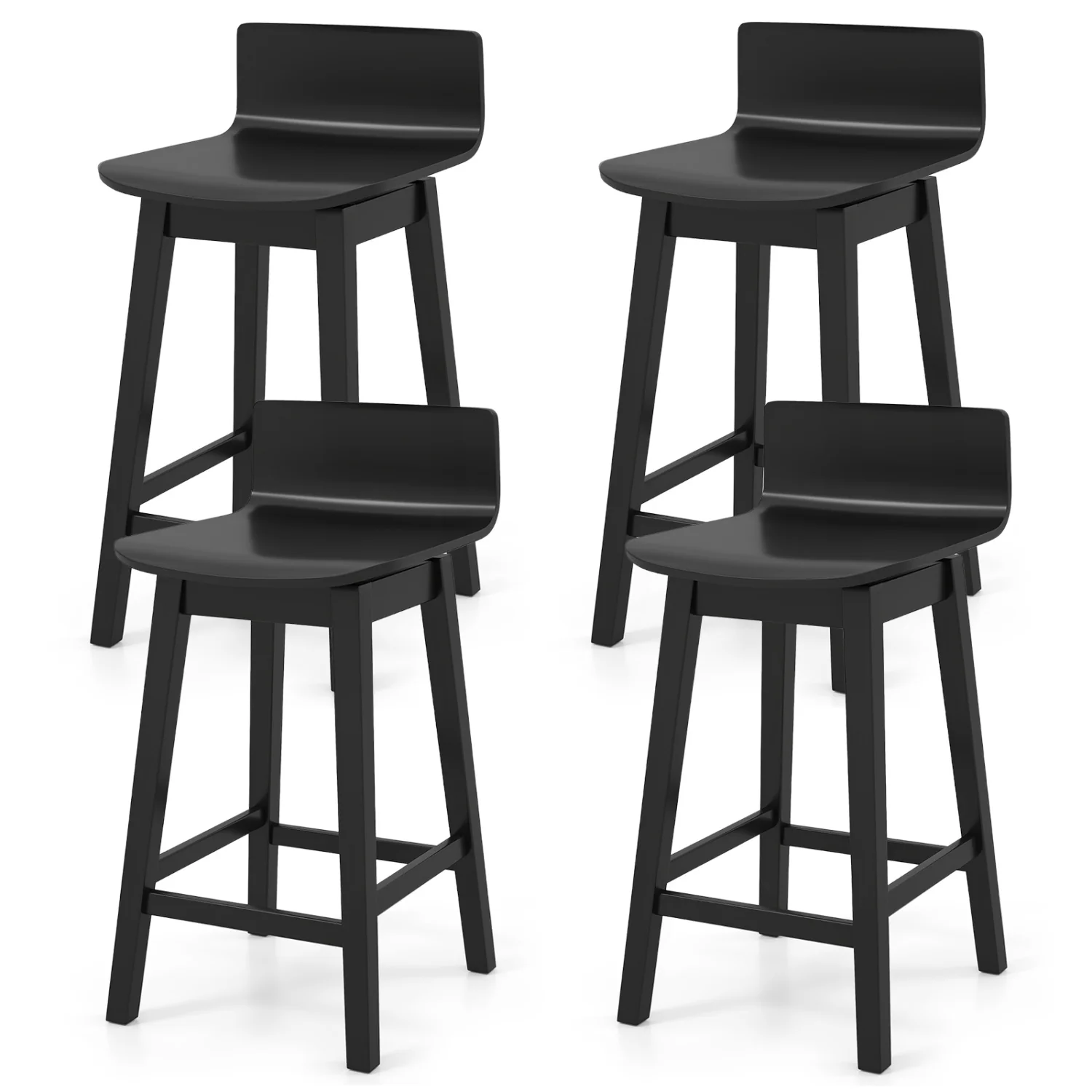 24.5 Inch Swivel Wooden Bar Stools Set of 4 with Rubber Wood Legs and Low Back, Black