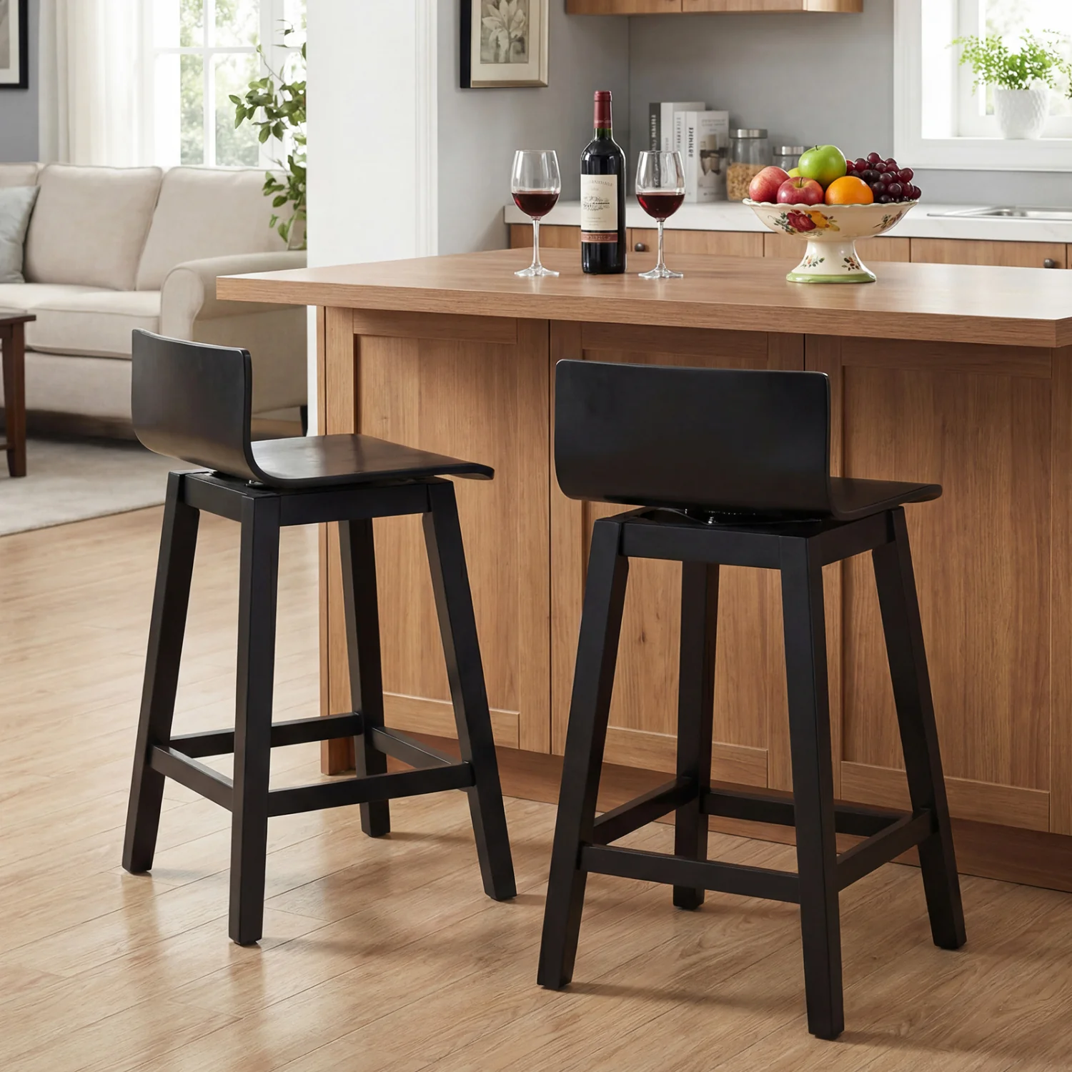 24.5 Inch Swivel Wooden Bar Stools Set of 4 with Rubber Wood Legs and Low Back, Black - Image 10