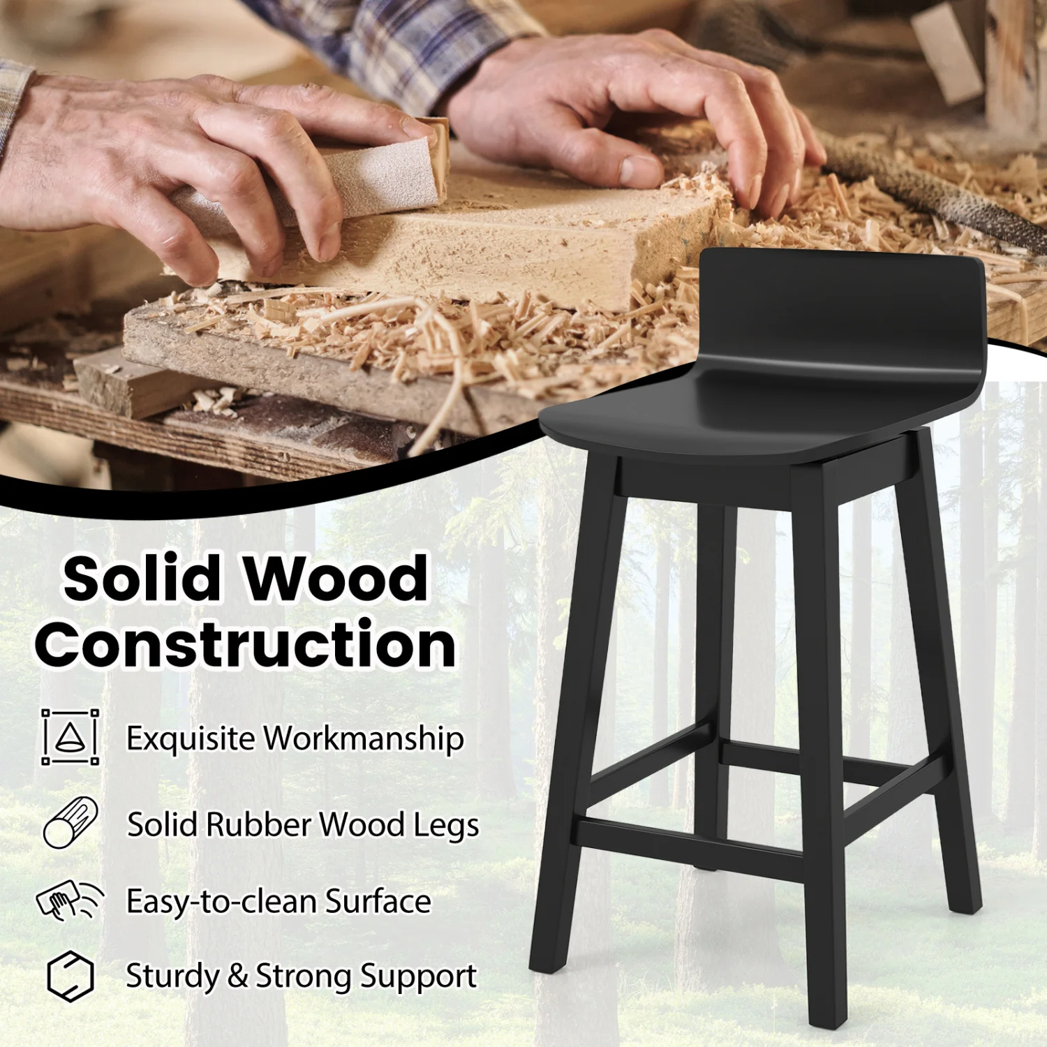 24.5 Inch Swivel Wooden Bar Stools Set of 4 with Rubber Wood Legs and Low Back, Black - Image 5