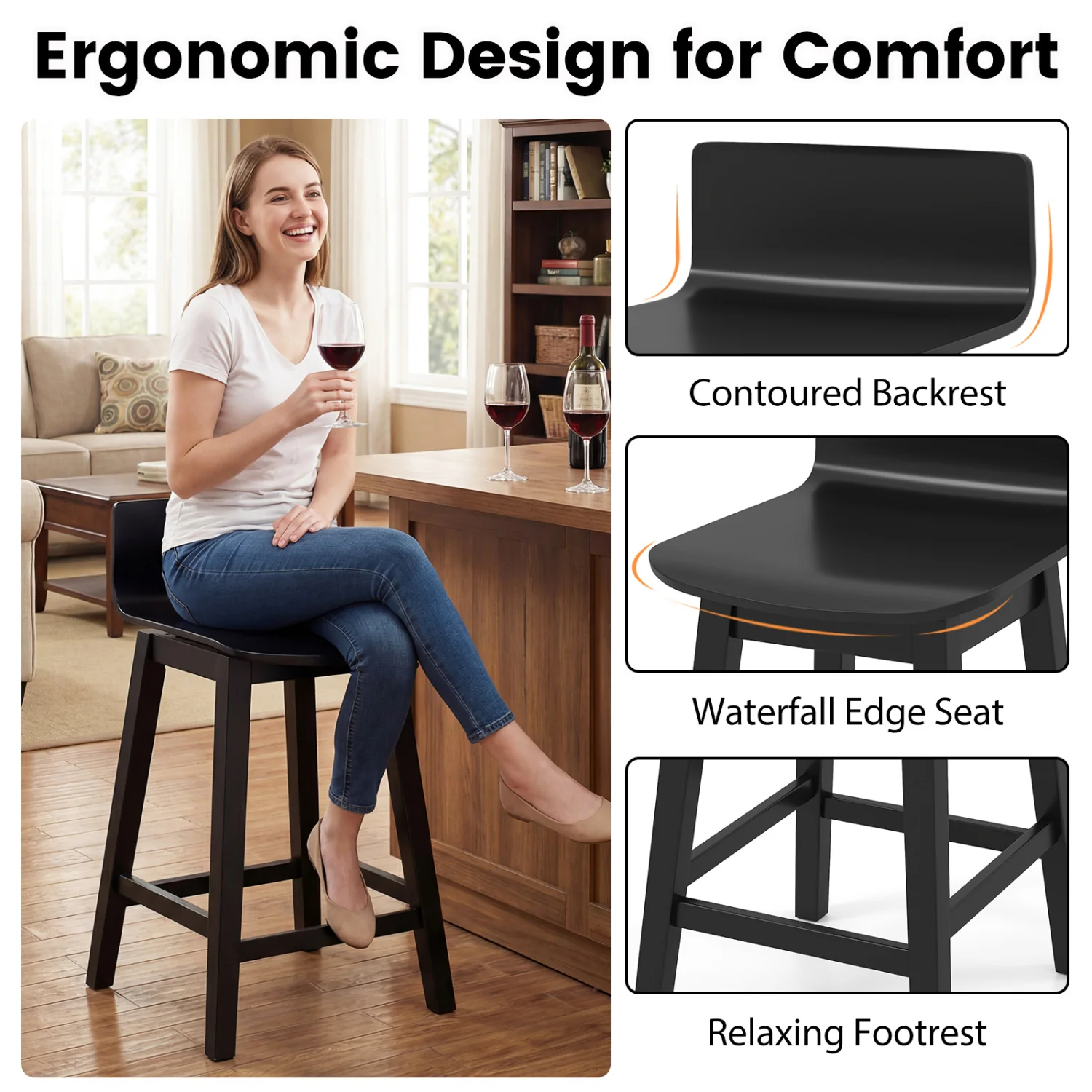 24.5 Inch Swivel Wooden Bar Stools Set of 4 with Rubber Wood Legs and Low Back, Black - Image 6