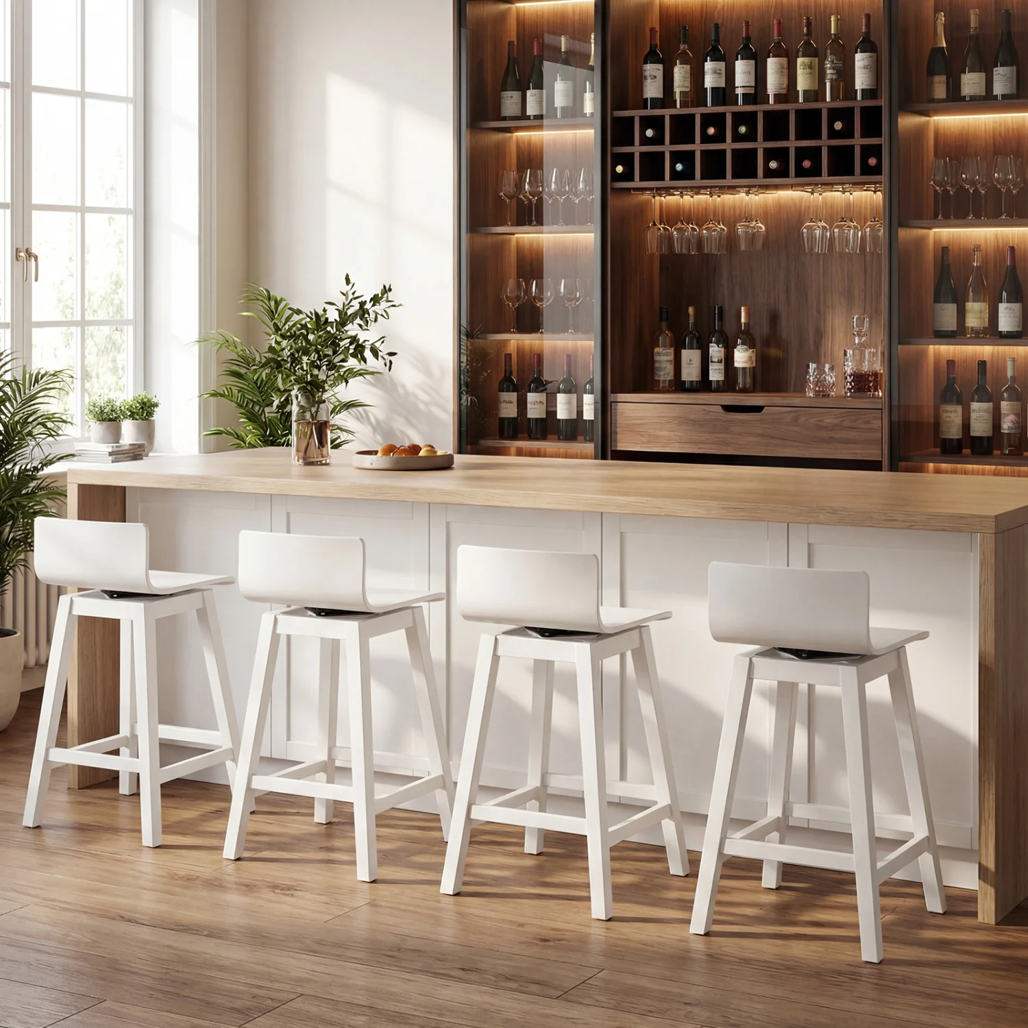 24.5 Inch Swivel Wooden Bar Stools Set of 4 with Rubber Wood Legs and Low Back, White - Image 2
