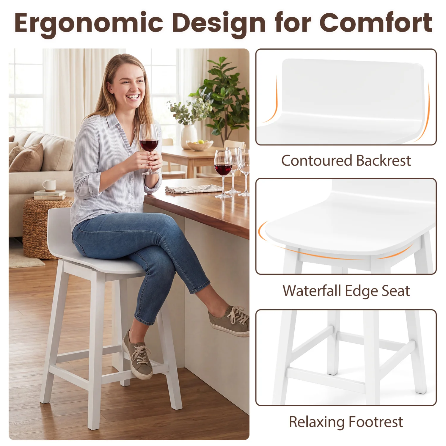 24.5 Inch Swivel Wooden Bar Stools Set of 4 with Rubber Wood Legs and Low Back, White - Image 6