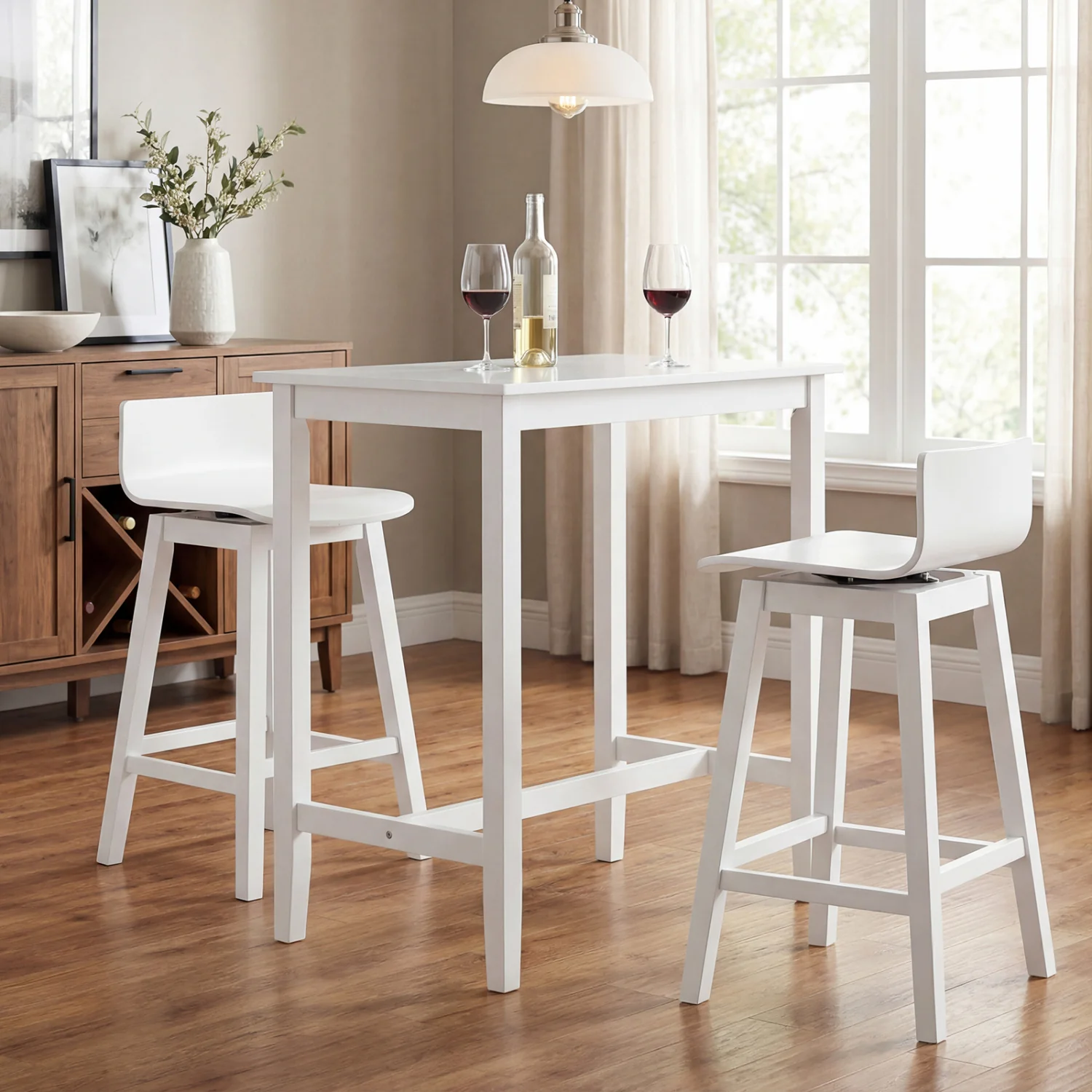 24.5 Inch Swivel Wooden Bar Stools Set of 4 with Rubber Wood Legs and Low Back, White - Image 9