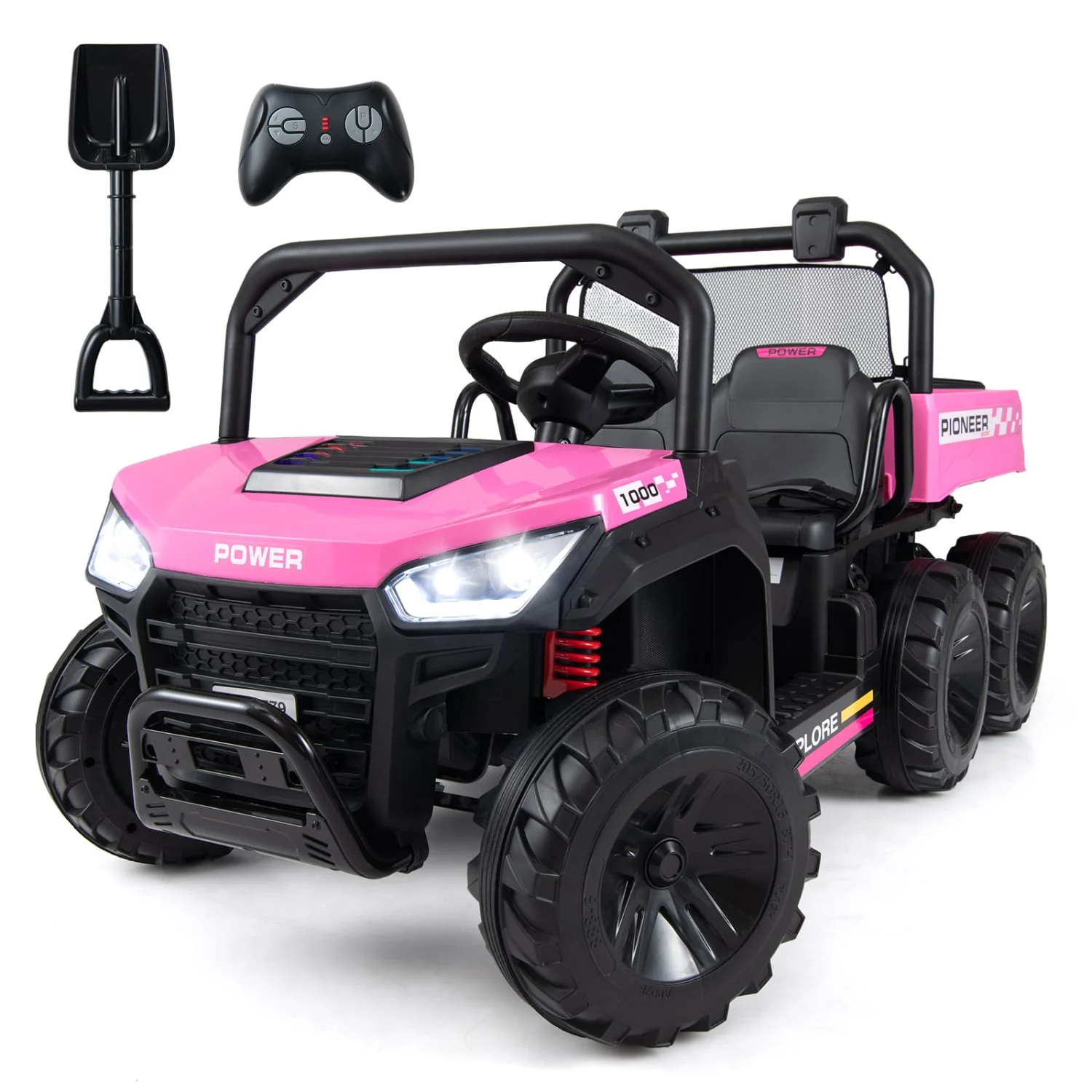 24V 2-Seater Kids Ride On Dump Truck, 4WD, Electric Dump Bed, Lights, Pink