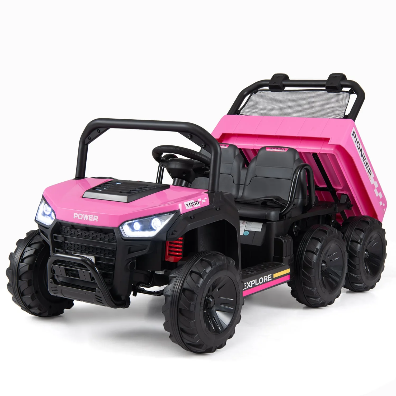 24V 2-Seater Kids Ride On Dump Truck, 4WD, Electric Dump Bed, Lights, Pink - Image 3