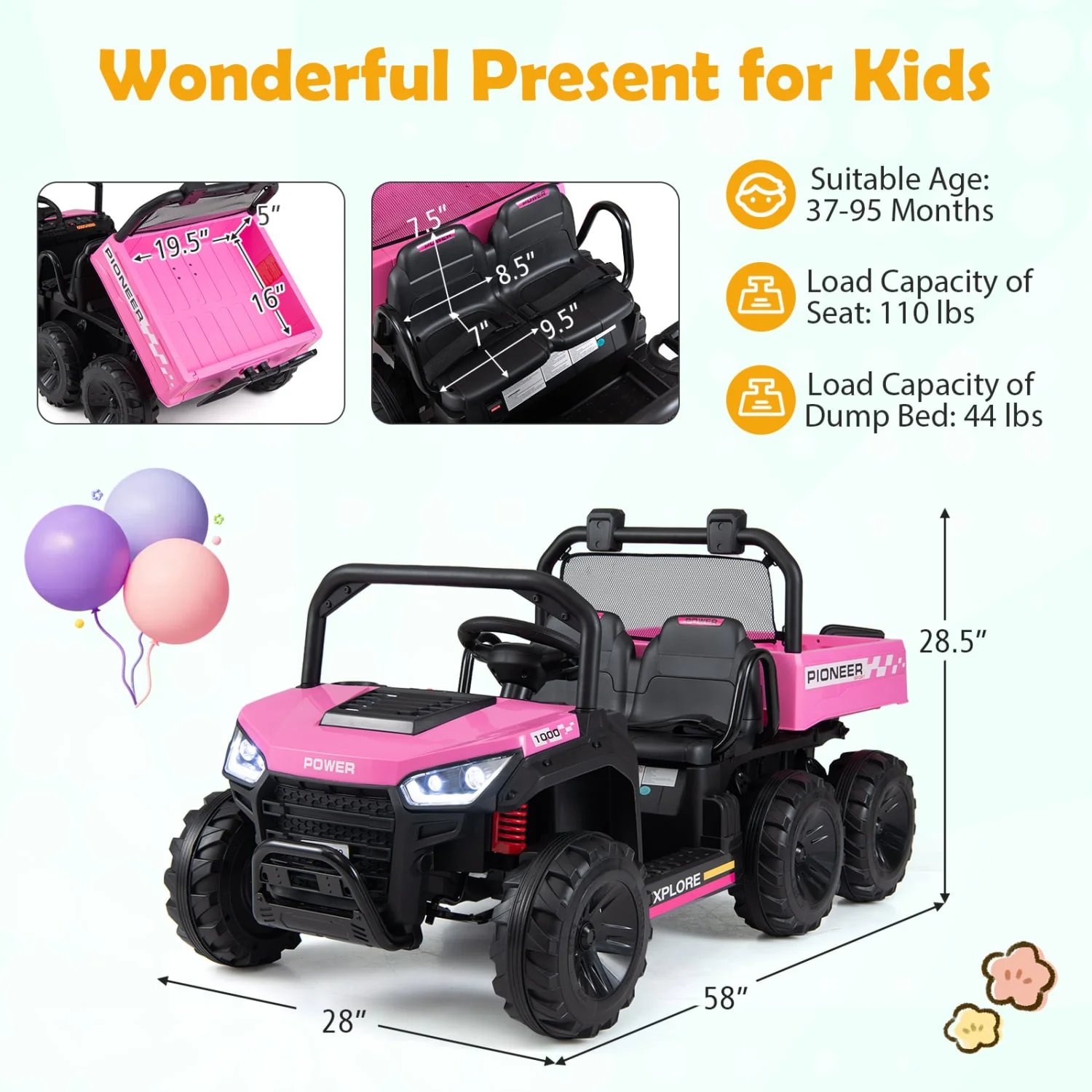 24V 2-Seater Kids Ride On Dump Truck, 4WD, Electric Dump Bed, Lights, Pink - Image 4