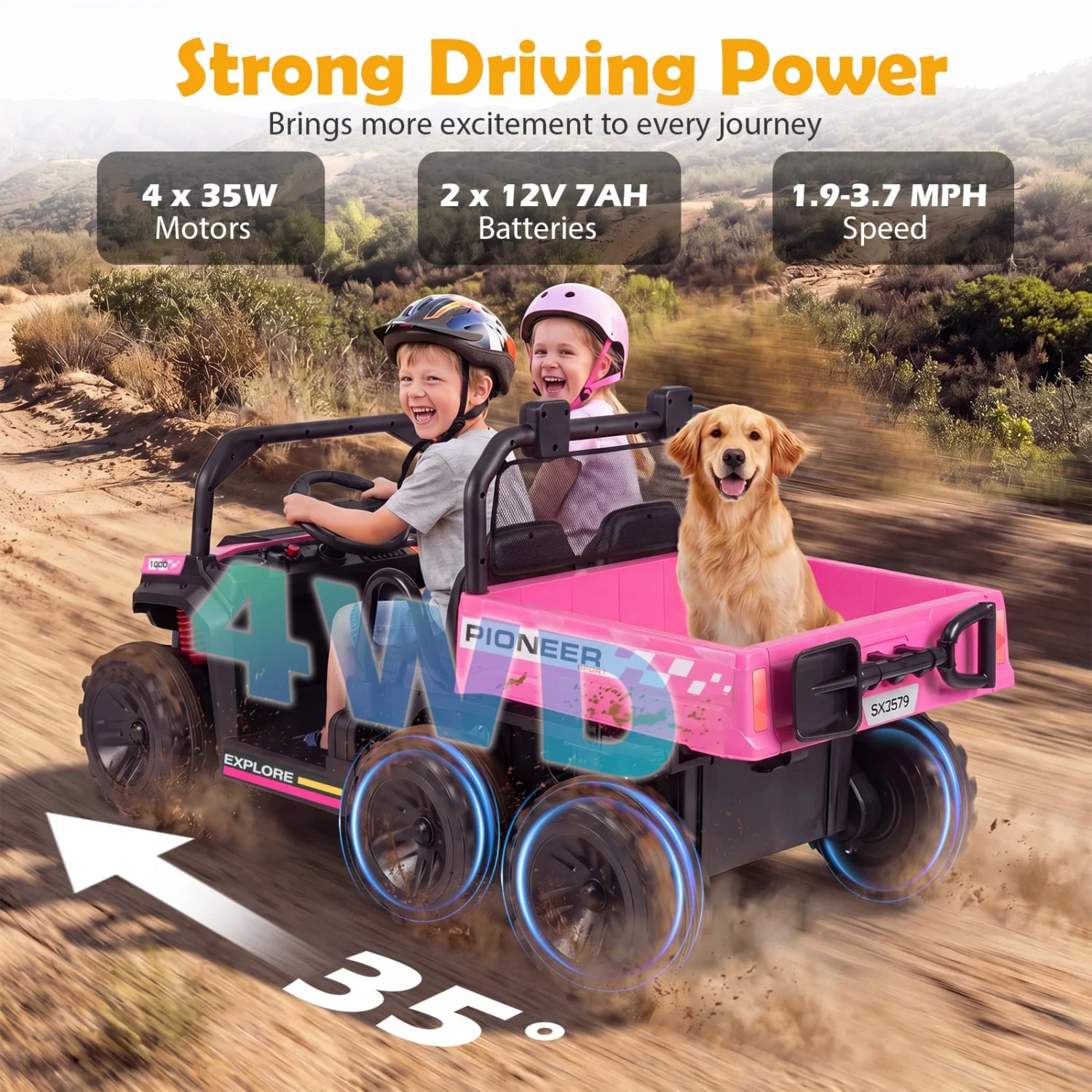 24V 2-Seater Kids Ride On Dump Truck, 4WD, Electric Dump Bed, Lights, Pink - Image 5