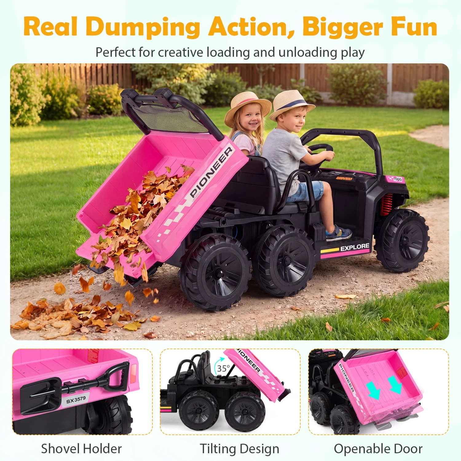 24V 2-Seater Kids Ride On Dump Truck, 4WD, Electric Dump Bed, Lights, Pink - Image 6