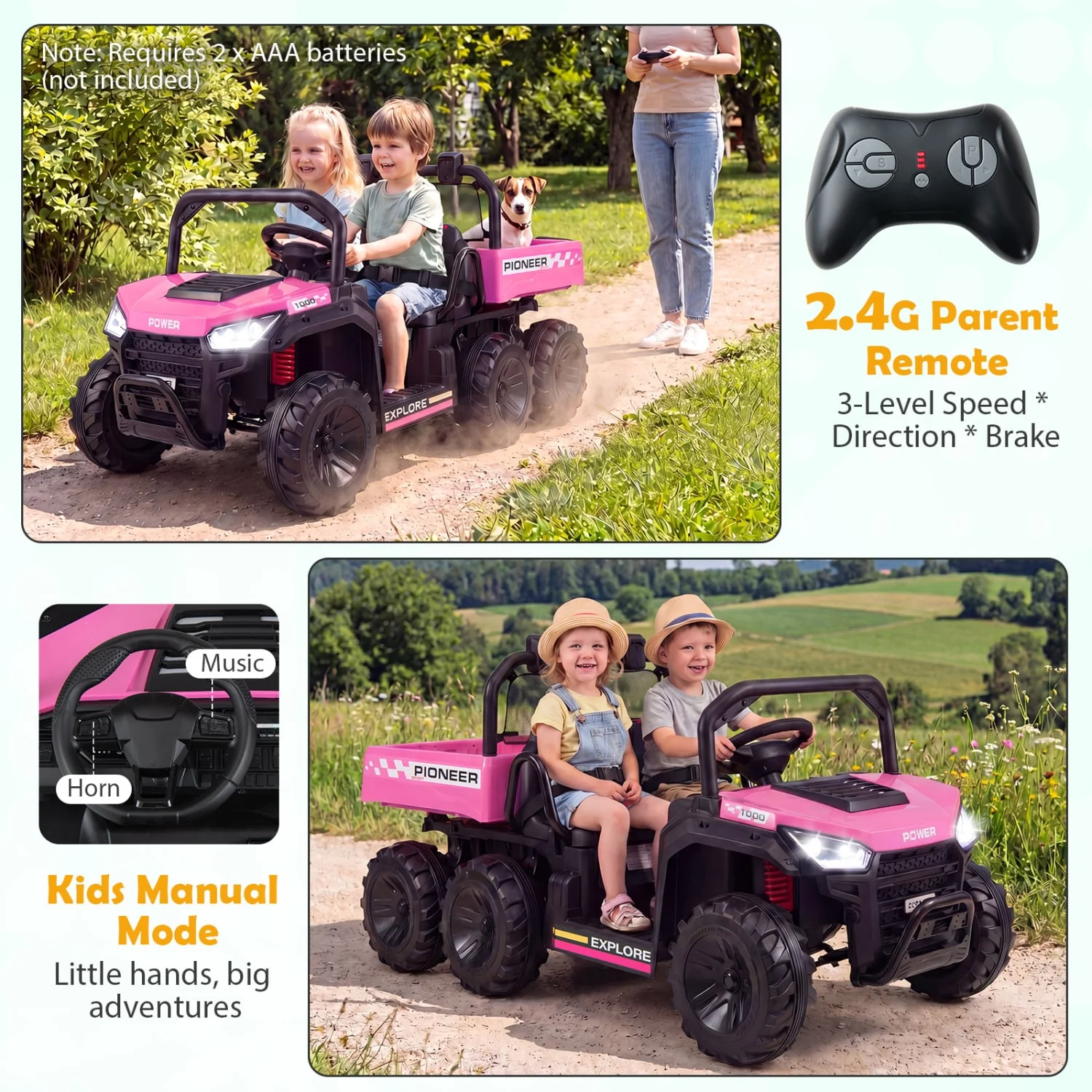 24V 2-Seater Kids Ride On Dump Truck, 4WD, Electric Dump Bed, Lights, Pink - Image 7