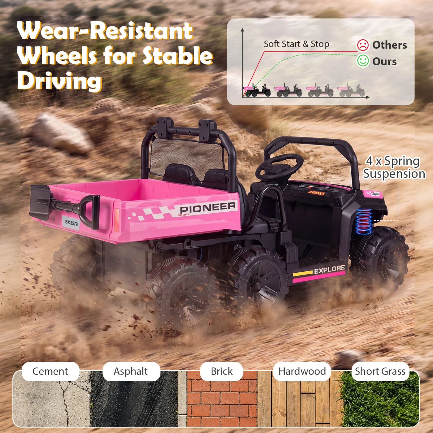 24V 2-Seater Kids Ride On Dump Truck, 4WD, Electric Dump Bed, Lights, Pink - Image 9